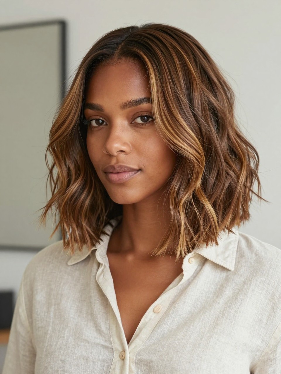 A realistic beauty image of a black woman with a textured long bob, soft side part, loose beachy waves, sandy blonde highlights, natural volume, relaxed makeup, linen shirt, soft daylight, neutral modern background, editorial hairstyle photography, no text, no watermark, no watermarks on images.