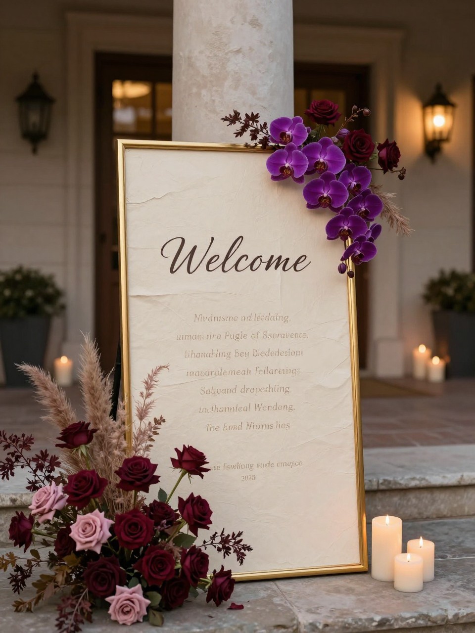 Realistic DSLR photo of a fall wedding welcome sign on handmade cream paper placed in a gold frame, surrounded by purple orchids, burgundy roses, dusty pink flowers, dried grasses, candles, stone entryway, warm evening light, elegant autumn wedding entrance, no visible faces.