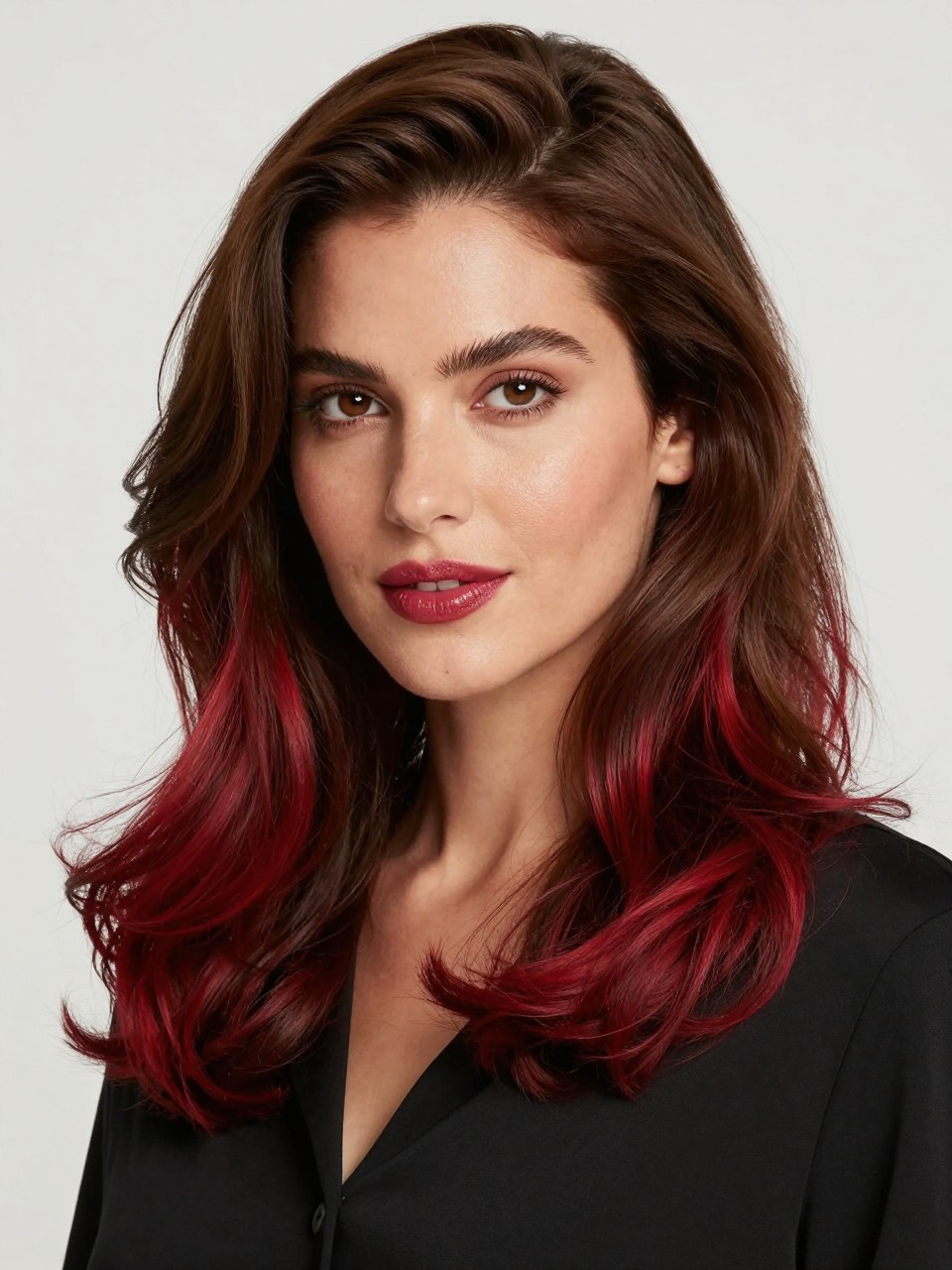 Image Prompt: A gorgeous woman with medium-length brown hair and cherry red color blocking, rich brown base with thick cherry red panels through the sides and ends, soft curls, deep brown skin, berry-toned lip gloss, subtle warm makeup, black blouse, clean studio background, soft diffused lighting, realistic DSLR beauty editorial photo, detailed red-brown contrast, no text, (no watermarks on images)