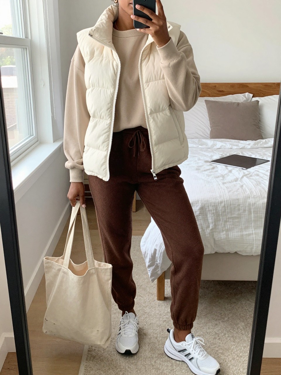 mirror selfie of a Black woman wearing the exact outfit described above, clearly showing a cream quilted puffer vest, beige crew neck sweatshirt, chocolate brown fleece joggers, white running sneakers, and beige canvas tote bag, holding a phone in front of a mirror, cropped at NECK so the face does not show, with a relaxed casual selfie pose, in a cozy bedroom mirror setup, natural window light, including a tote bag resting on the floor and a laptop or tablet on the bed, latest iPhone photo quality.