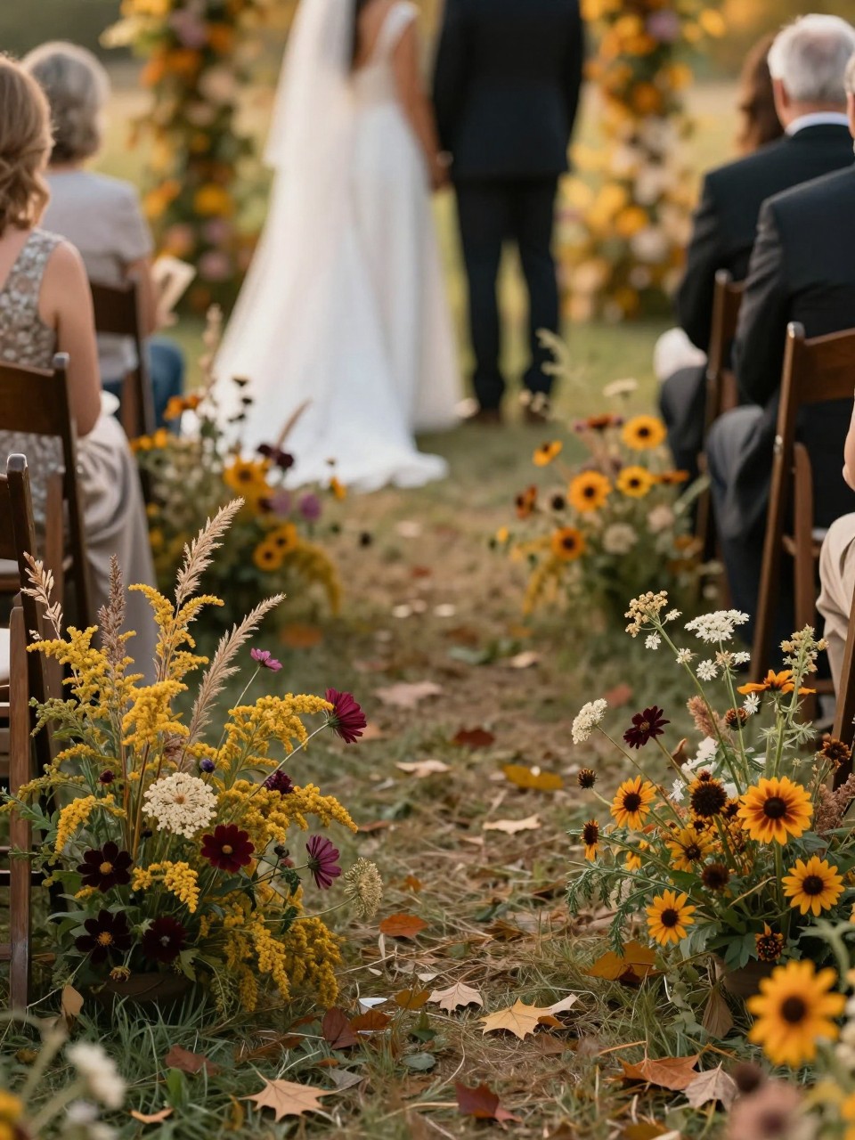 Realistic DSLR photo of an outdoor fall wedding ceremony aisle lined with loose meadow-style wildflowers, goldenrod, burgundy cosmos, cream Queen Anne’s lace, rust rudbeckia, dried grasses, and soft green stems, wooden chairs on both sides, fallen leaves on the ground, golden hour light, bride and groom shown from behind with faces not visible, romantic countryside setting.