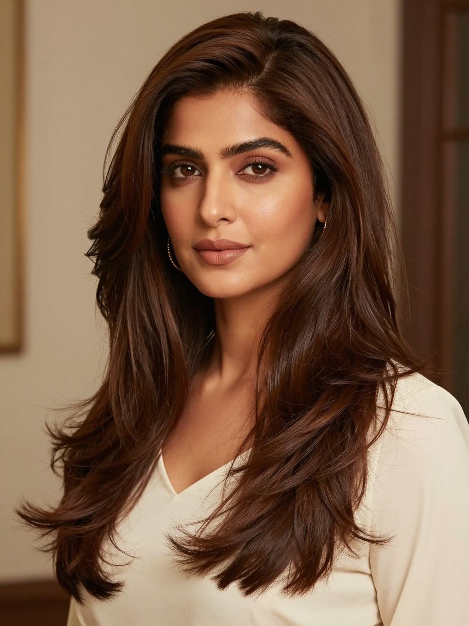 Image Prompt: A stylish Indian woman with long mocha brown layered hair, rich coffee-brown shade with soft cool undertones, feathered face-framing layers, smooth blowout finish, warm medium skin tone, soft matte makeup, nude lips, gold earrings, ivory blouse, elegant indoor background, soft warm lighting, realistic DSLR beauty portrait, detailed layered movement and shine, no text, (no watermarks on images)