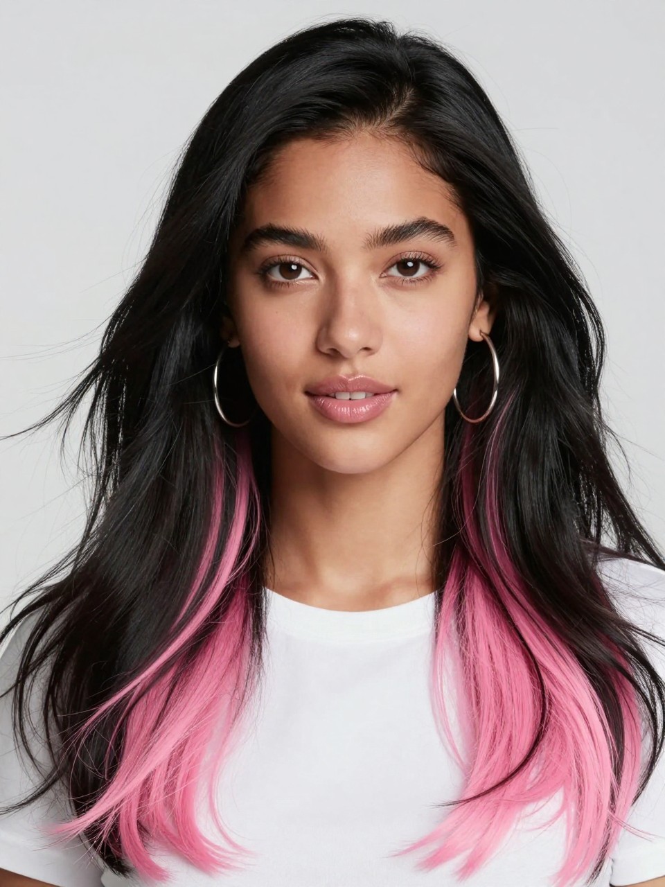 Image Prompt: A beautiful woman with long black hair and hidden pink color blocks underneath, top layer dark and glossy, lower layer bright soft pink visible as the hair is slightly lifted and curled, medium-deep skin tone, fresh makeup, glossy lips, silver hoop earrings, simple white top, clean studio setting, soft lighting, realistic DSLR editorial photo, playful hidden color detail, no text, (no watermarks on images)