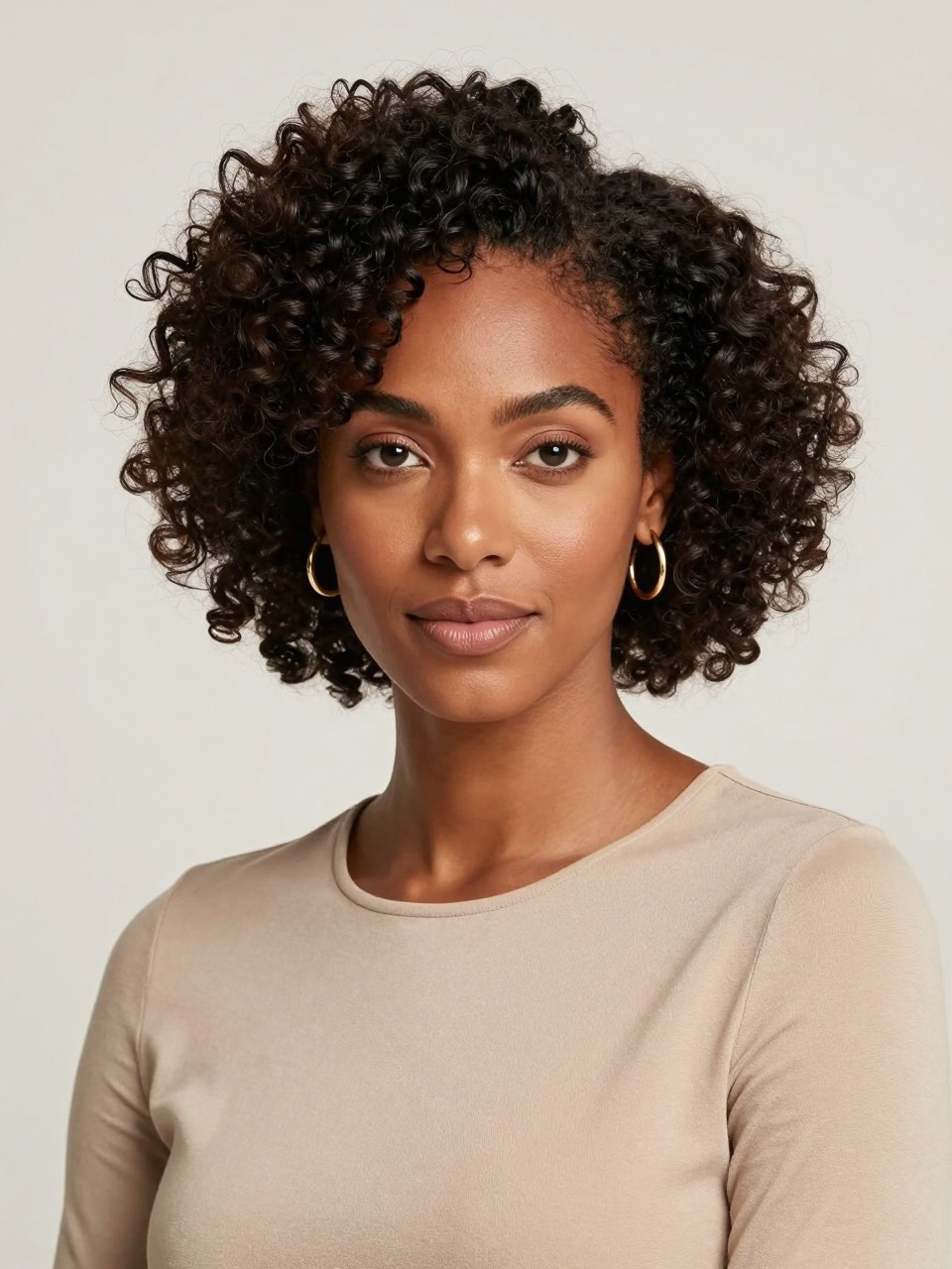 Image Prompt: A realistic beauty portrait of a black woman with full natural curly hair styled with a soft side part, defined curls with volume, healthy shine, soft face-framing shape, glowing makeup, simple gold earrings, warm neutral outfit, clean studio background, natural editorial lighting, no text, no watermark, no watermarks on images.