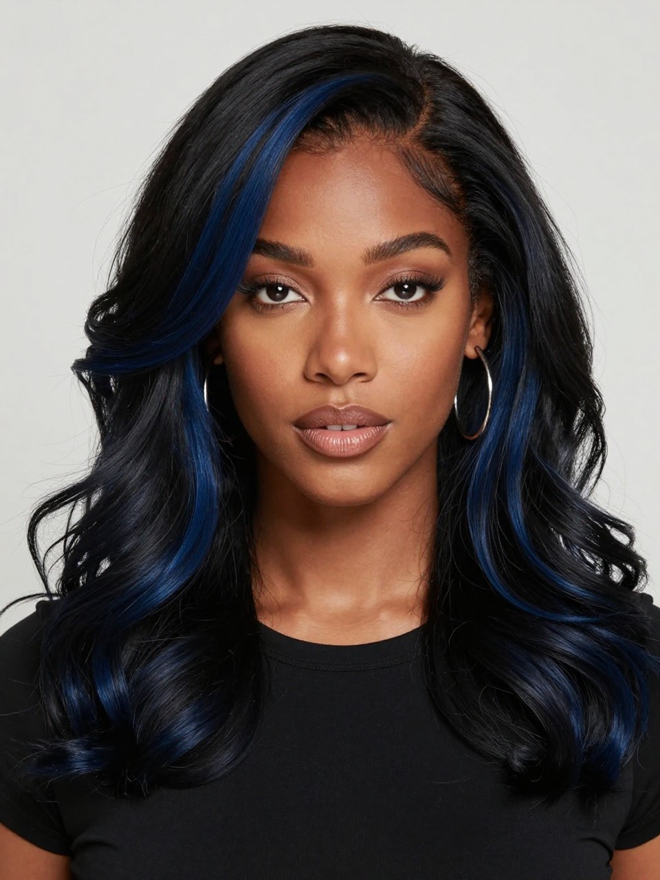 Image Prompt: A stylish black woman with dark wavy hair and black blue money piece highlights framing the face, black base with deep navy-blue front sections, loose waves with shine, medium-deep skin tone, glossy nude lips, subtle cool-toned makeup, silver hoop earrings, fitted black top, clean neutral studio background, close-up beauty portrait, realistic DSLR photo, clear face-framing blue-black color detail, no text, (no watermarks on images)