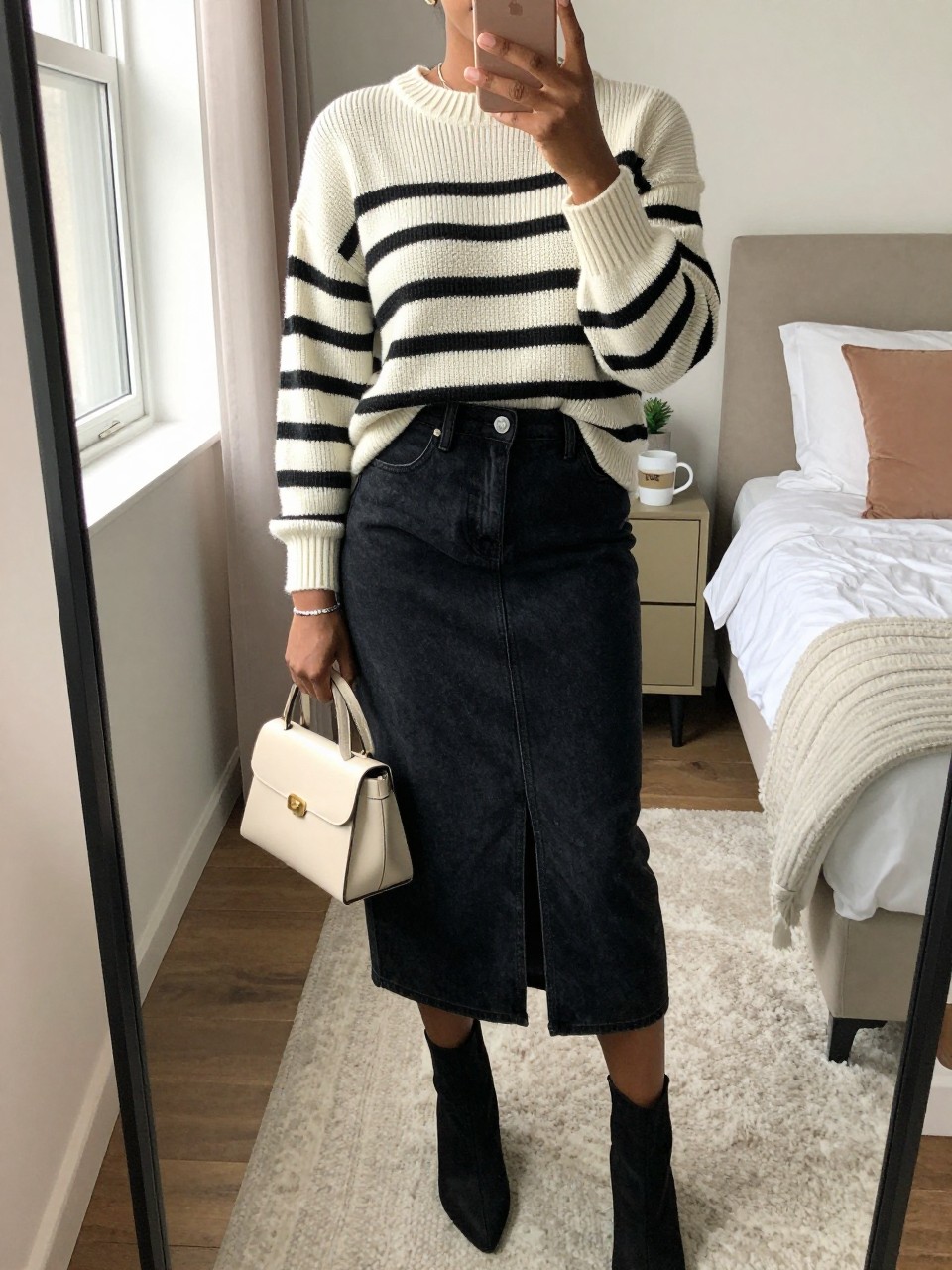 mirror selfie of a Black woman wearing the exact outfit described above, clearly showing a cream and black striped knit sweater, black denim midi skirt with front slit, black ankle boots, cream mini handbag, and silver bracelet, holding a phone in front of a mirror, cropped at NECK so the face does not show, with a relaxed casual selfie pose, in a feminine-themed bedroom, natural window light, including a coffee mug on a bedside table and a small plant on a dresser, latest iPhone photo quality.