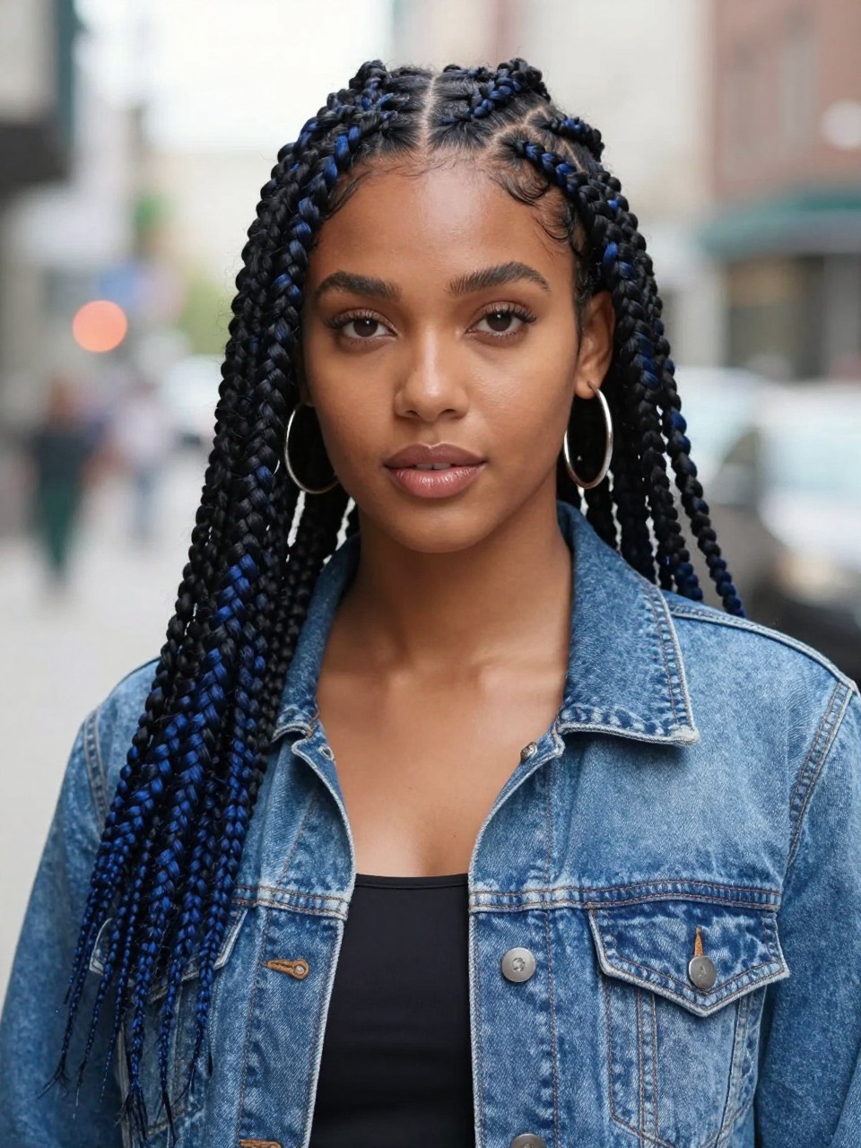 Image Prompt: A fashionable woman wearing waist-length black blue box braids, neat square parts, smooth finished braids with deep navy-blue and black-blue shine, softly styled baby hairs, deep brown skin, glossy lips, silver hoop earrings, denim jacket over a black top, outdoor city background softly blurred, natural daylight, realistic lifestyle beauty portrait, detailed braid texture and neat scalp parts, no text, (no watermarks on images)