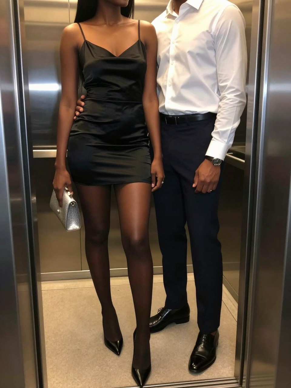 Image prompt: A modern flash photo of an adult couple inside a sleek hotel elevator, no faces visible, framed from the shoulders down, featuring a Black woman with rich dark skin wearing a black satin mini dress, sheer tights, pointed heels, and a small silver clutch, standing beside her partner in dark trousers and a crisp white shirt, their fingers linked at hip level, elevator mirror reflecting only their outfits and hands, faces cropped out above the shoulders, warm elevator lights, brushed metal walls, subtle flash reflection, realistic fabric folds, polished night-out couple photography, stylish and faceless.