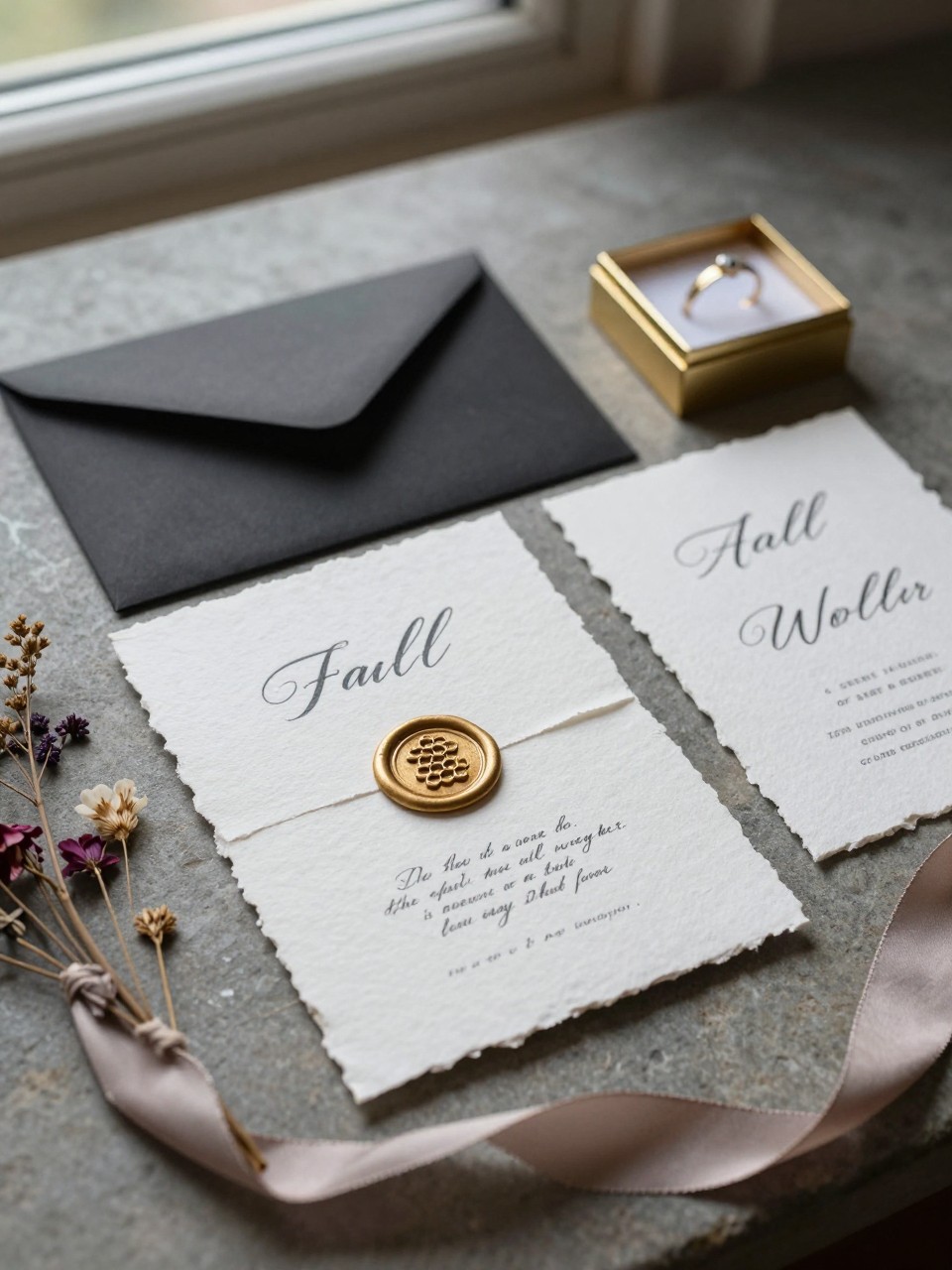Realistic DSLR close-up of a fall wedding invitation suite on a stone surface, blackberry envelope, honey gold wax seal, soft stone handmade paper, charcoal calligraphy, dried pressed flowers, silk ribbon, gold ring box, moody natural window light.