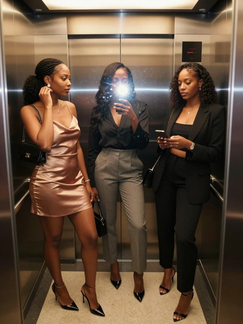 Image prompt: A modern DSLR flash photo of three adult Black women friends inside a hotel elevator before going out, wearing stylish night-out trip outfits with a satin mini dress, tailored trousers, cropped blazer, heels, and small handbags, standing at different angles in front of the elevator mirror, one adjusting her earring, one holding the phone low for the mirror shot, one checking her clutch, warm elevator lights, brushed metal walls, soft flash reflection, realistic mirror smudges, natural skin texture, polished city outing mood, candid friendship photography.
