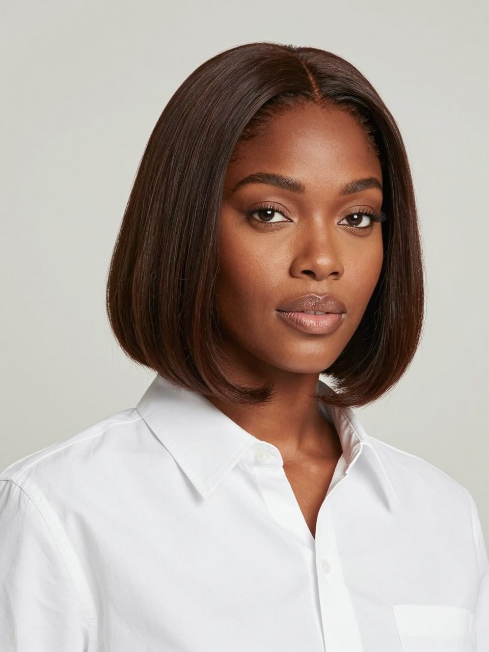 Image Prompt: A photorealistic portrait of a black woman with a chin-length bob styled with a soft side part, smooth slightly curved ends, glossy chocolate brown hair, light layers around the face, natural makeup, white button-up shirt, minimal neutral background, modern beauty editorial photography, no text, no watermark, no watermarks on images.