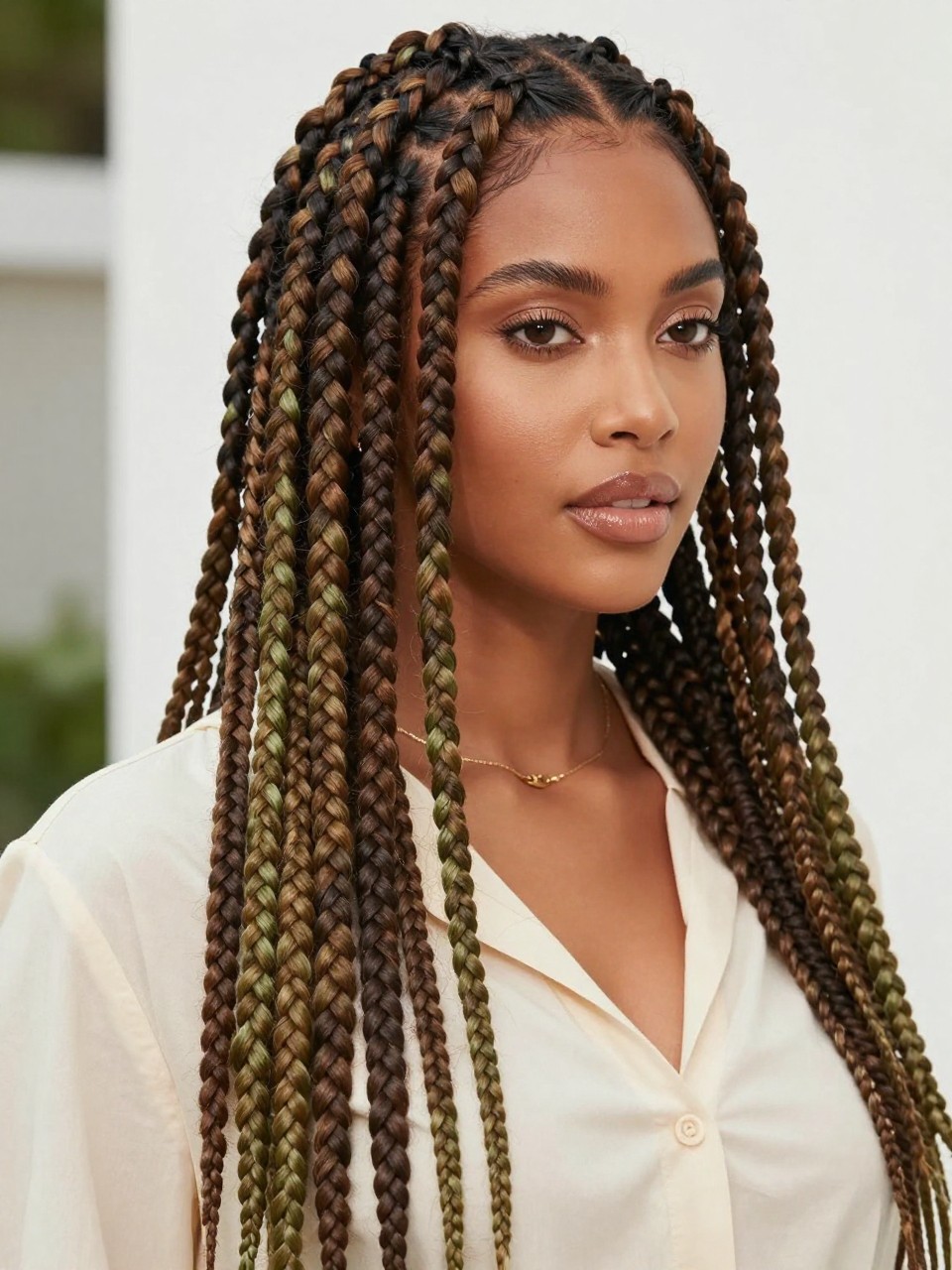 Image Prompt: A gorgeous brown woman with extra-long matcha chocolate knotless braids, lightweight natural-looking roots, clean scalp parts, smooth braids flowing over the shoulders, mixed muted matcha brown and deep chocolate braid color, deep brown skin, soft glam makeup, glossy nude lips, delicate gold jewelry, cream blouse, bright natural daylight, clean airy outdoor background, realistic beauty editorial photo, detailed braid texture, polished finish, no text, (no watermarks on images)