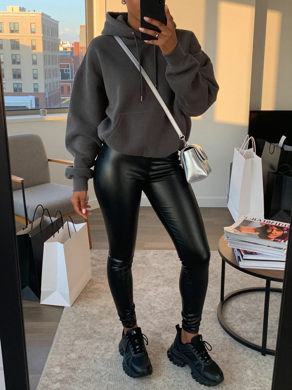 mirror selfie of a Black woman wearing the exact outfit described above, clearly showing a charcoal grey oversized hoodie, black faux leather leggings, black chunky sneakers, silver crossbody bag, and silver stud earrings, holding a phone in front of a mirror, cropped at NECK so the face does not show, with a relaxed casual selfie pose, in a stylish city apartment, evening golden hour, including shopping bags beside a chair and a stack of fashion magazines on a side table, latest iPhone photo quality.