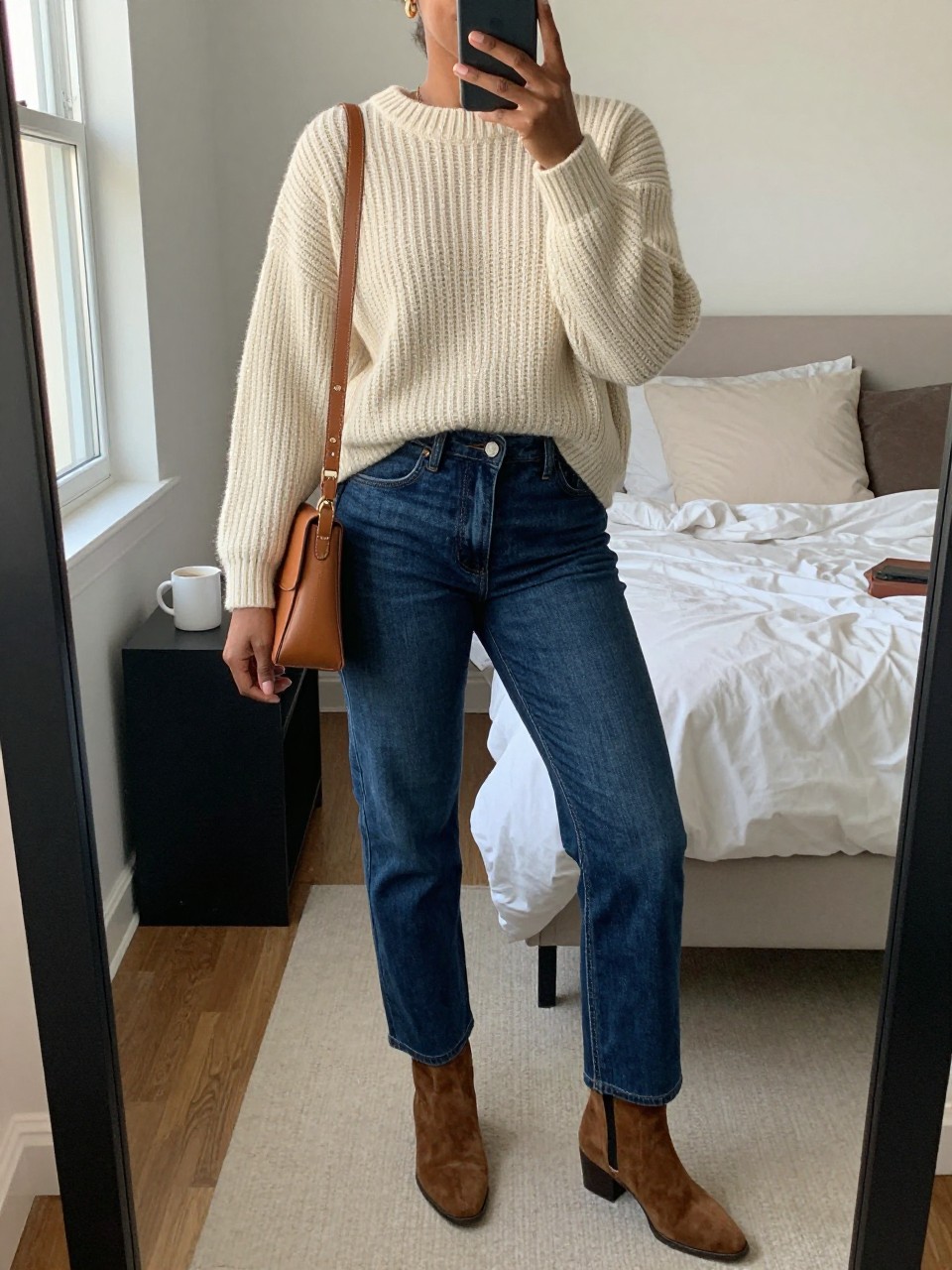 mirror selfie of a Black woman wearing the exact outfit described above, clearly showing a cream chunky knit sweater, dark blue straight-leg jeans, brown suede ankle boots, tan leather crossbody bag, and small gold hoop earrings, holding a phone in front of a mirror, cropped at NECK so the face does not show, with a relaxed casual selfie pose, in a cozy bedroom mirror setup, natural window light, including soft pillows on an unmade bed and a coffee mug on a bedside table, latest iPhone photo quality.