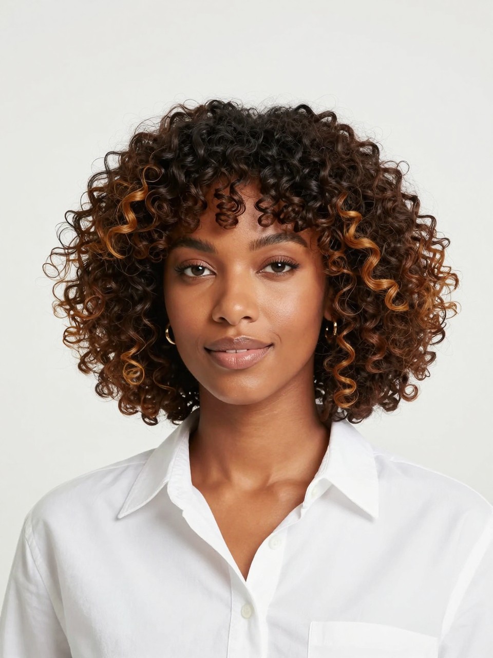 Image Prompt: A pretty black woman with a chin-length curly bob, dark chocolate brown top layer with caramel peekaboo color underneath, rounded curly bob shape with springy defined curls, warm caramel pieces visible through the lower half of the hairstyle, medium skin tone, fresh natural makeup, glossy nude lips, small gold earrings, white button-up shirt, bright clean studio background, soft flattering lighting, realistic beauty editorial photography, detailed bob shape, curl definition, and caramel contrast, no text, (no watermarks on images)