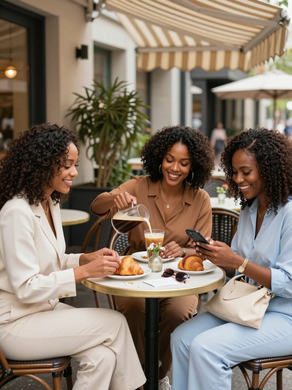 Image prompt: A warm DSLR cafe photo of three adult Black women friends sitting around a small round outdoor cafe table, wearing chic casual outfits in cream, soft brown, and light blue, one reaching for a croissant plate, one pouring iced coffee into a glass, one holding her phone low while laughing, drinks, pastries, sunglasses, tote bags, small flower vase, and a receipt on the table, striped awning overhead, potted plants beside the chairs, soft morning light, realistic food crumbs, natural skin texture, candid modern friendship outing photo.
