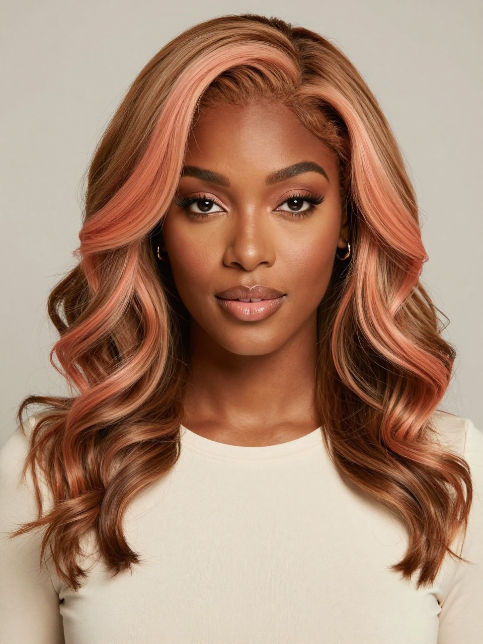 Image Prompt: A stylish black woman with light brown wavy hair and peach money piece highlights framing the face, soft peach front sections, natural brown base, loose waves with shine, fresh makeup, glossy nude lips, small gold earrings, fitted cream top, clean neutral studio background, close-up beauty portrait, realistic DSLR photo, clear face-framing peach color detail, no text, (no watermarks on images)