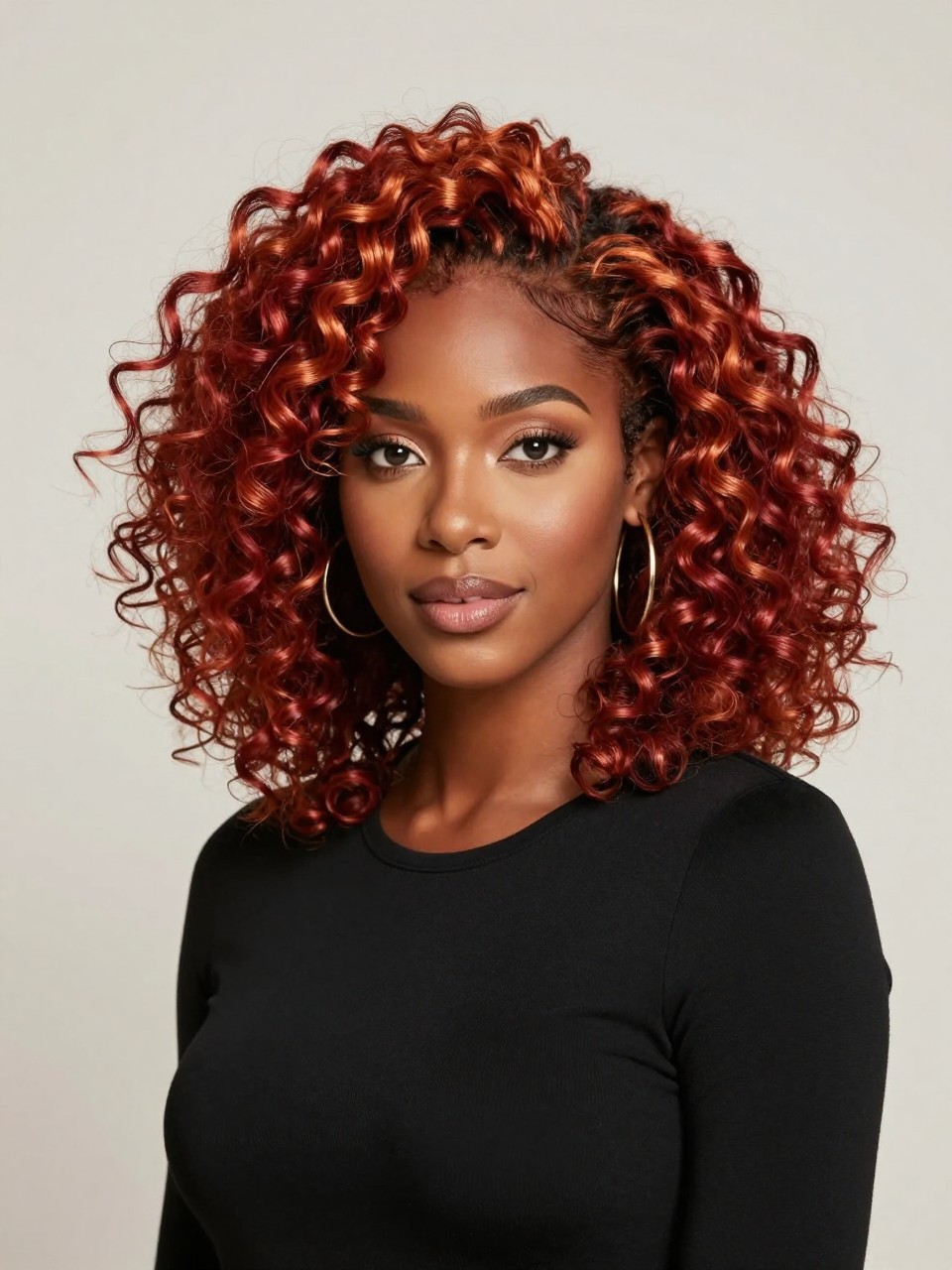 Image Prompt: A beautiful black woman with shoulder-length curly hair featuring red and copper color blocks, deep red sections mixed with warm copper panels, defined curls with shine and volume, warm brown skin, soft glam makeup, gold hoops, black fitted top, clean neutral studio background, soft diffused lighting, realistic DSLR beauty portrait, detailed curl texture and color placement, no text, (no watermarks on images)