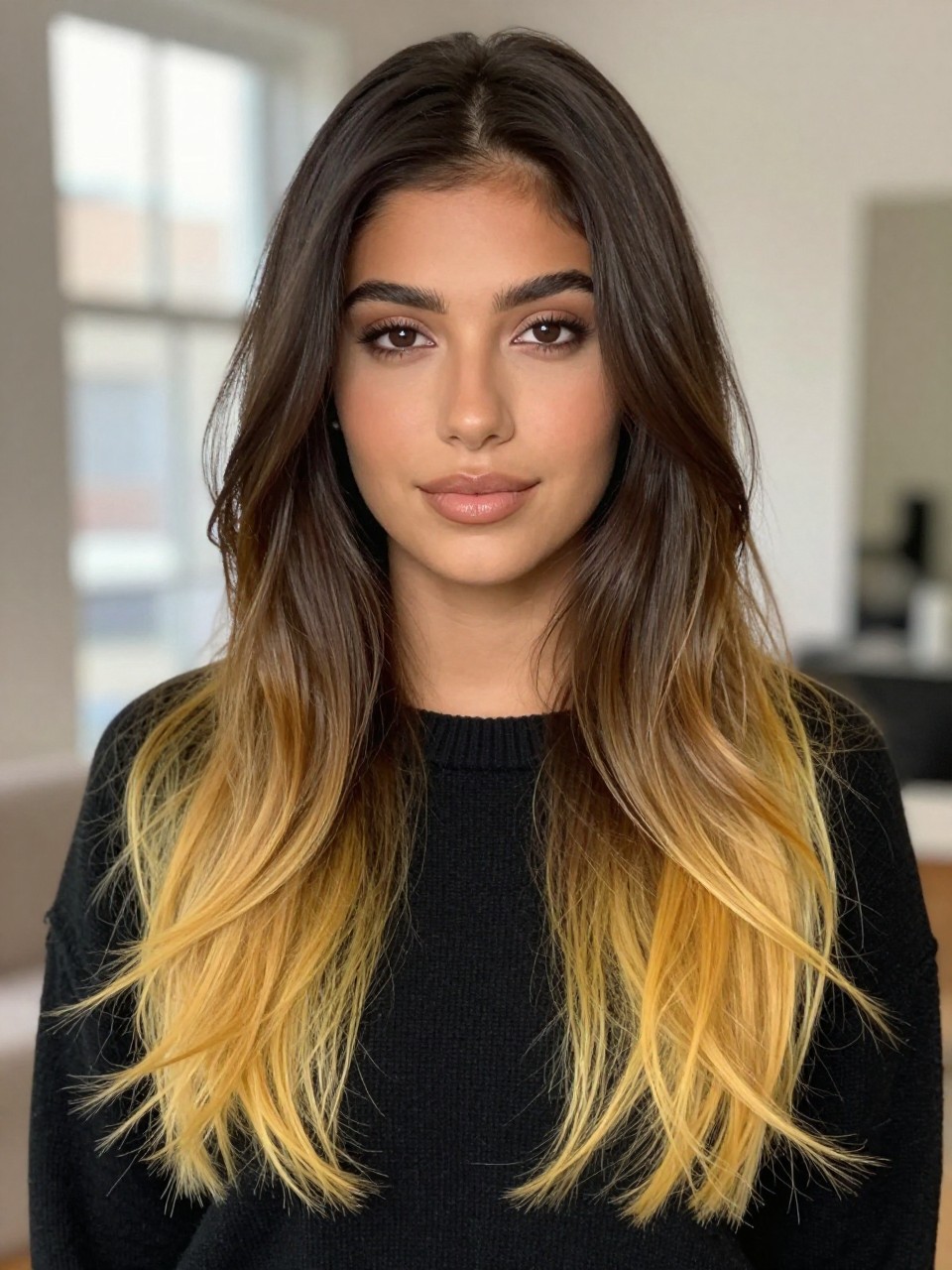 Image Prompt: A beautiful woman with long dark brown hair fading into yellow ombre ends, glossy dark roots and mid-lengths blending into golden yellow tips, soft loose waves, warm brown skin, natural glam makeup, nude gloss, black sweater, cozy indoor background, soft natural window light, realistic beauty editorial photo, smooth dark-to-yellow color transition, no text, (no watermarks on images)