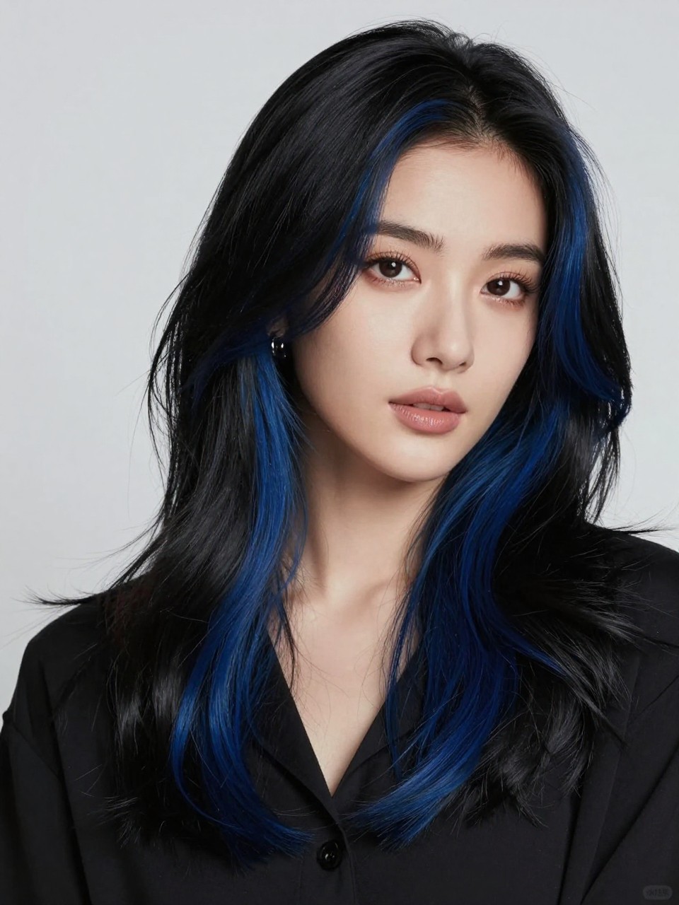 Image Prompt: A beautiful woman with black hair and black blue highlights, glossy black base with soft navy-blue pieces placed around the face and through the lower layers, loose waves with shine, warm medium skin tone, soft neutral makeup, glossy lips, small silver jewelry, black blouse, clean studio background, soft cool lighting, realistic DSLR beauty portrait, detailed blue highlight contrast and dark hair shine, no text, (no watermarks on images)