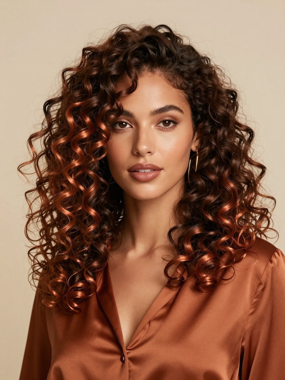 Image Prompt: A stunning woman with medium-length defined curly hair, deep brunette top layer with rich copper peekaboo underlayer, springy curls with healthy volume, copper sections visible underneath the curls and near the ends, warm tan skin, bronzed soft glam makeup, glossy lips, gold jewelry, rust satin blouse, clean studio background, warm soft lighting, realistic DSLR beauty editorial portrait, detailed curl texture and warm copper shine, no text, (no watermarks on images)