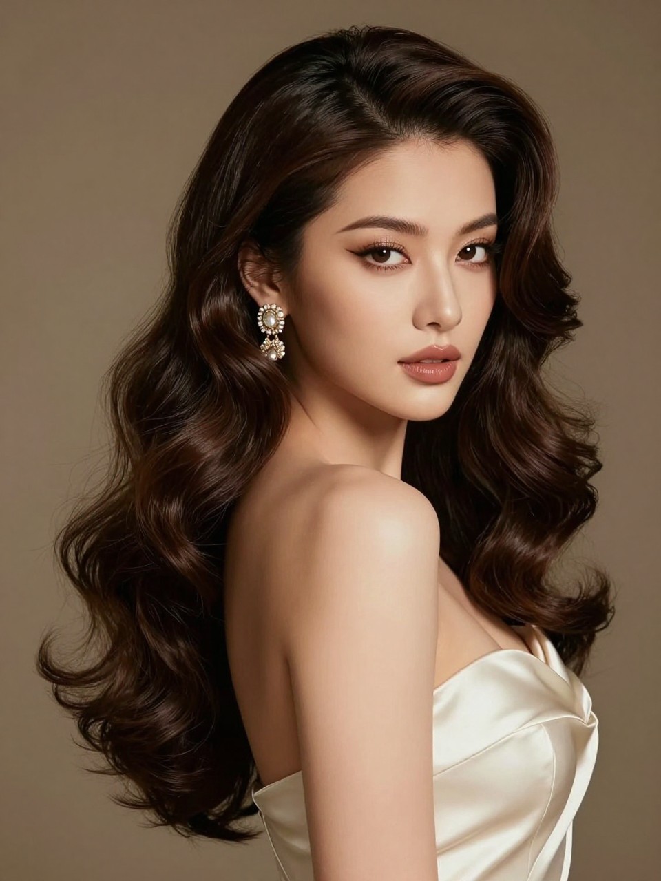 Image Prompt: A realistic glam hairstyle photo showing long Hollywood waves with a deep but soft side part, glossy dark brown hair, smooth sculpted waves falling over one shoulder, vintage-inspired earrings, satin evening gown neckline, warm studio lighting, luxury beauty editorial style, no text, no watermark, no watermarks on images.
