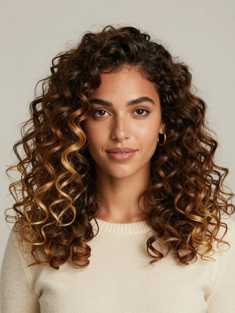 Image Prompt: A beautiful woman with voluminous shoulder-length curly hair, dark brown top layer with honey blonde peekaboo color underneath, defined spiral curls with soft bounce and shine, hidden blonde sections peeking through the lower layers and around the sides, warm medium-brown skin, soft natural glam makeup, glossy nude lips, small gold hoop earrings, cream knit top, clean neutral studio background, soft diffused lighting, realistic DSLR beauty editorial portrait, detailed curl definition, rich color contrast, no text, (no watermarks on images)