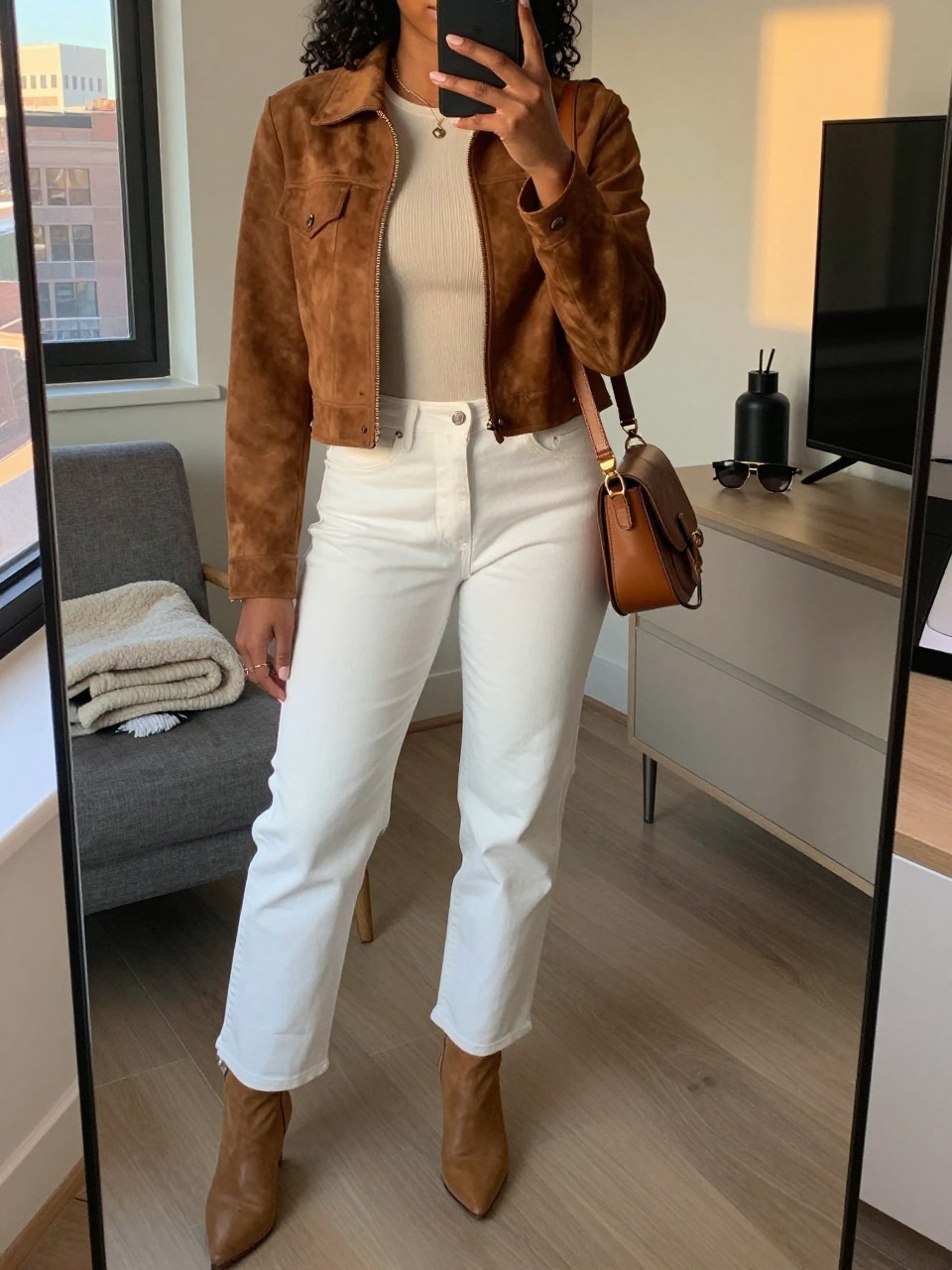 mirror selfie of a Black woman wearing the exact outfit described above, clearly showing a brown cropped suede jacket, cream fitted ribbed top, white straight-leg jeans, tan pointed ankle boots, and brown saddle crossbody bag, holding a phone in front of a mirror, cropped at NECK so the face does not show, with a relaxed casual selfie pose, in a stylish city apartment, evening golden hour, including a folded blanket on a chair and sunglasses placed on a dresser, latest iPhone photo quality.