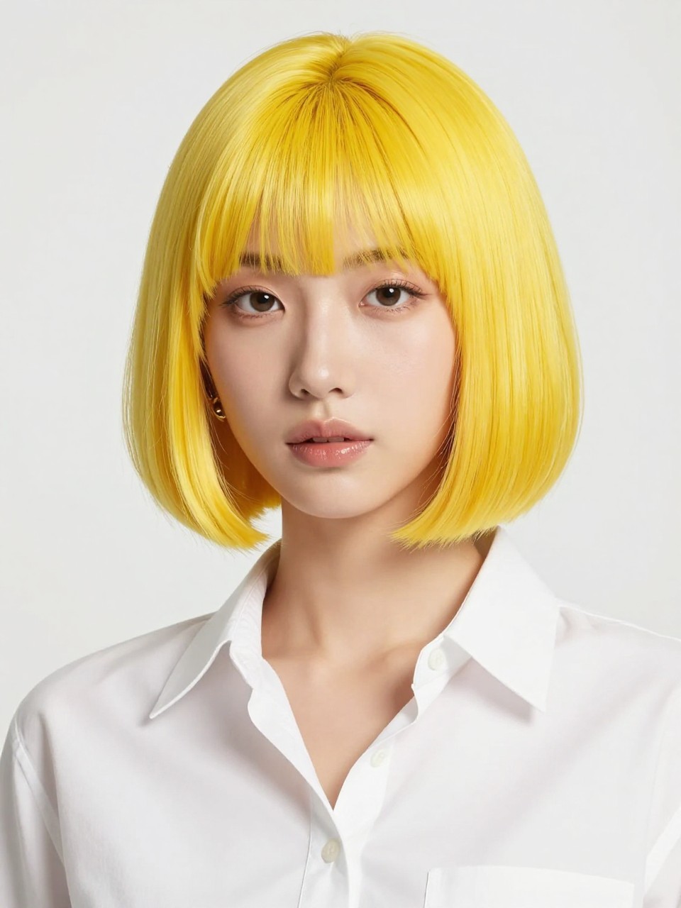 Image Prompt: A confident woman with a chin-length bright sunshine yellow bob, smooth rounded bob shape with a soft bend at the ends, bold yellow hair color with glossy shine, fresh clean makeup, glossy lips, small gold earrings, white button-up shirt, bright clean studio background, soft flattering lighting, realistic beauty editorial photography, detailed bob shape and bright yellow shine, no text, (no watermarks on images)