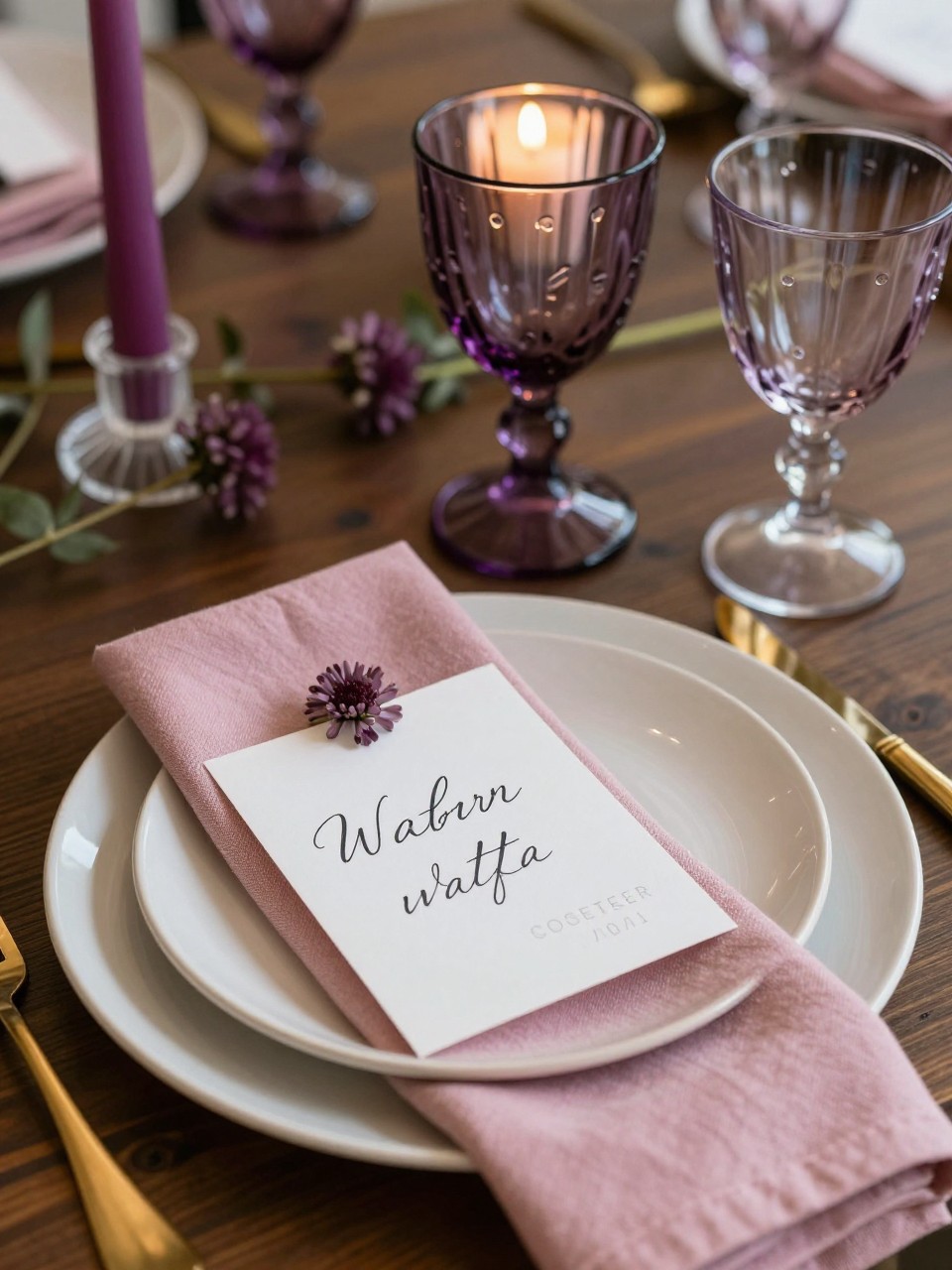 Realistic DSLR close-up of a fall wedding place setting with amethyst purple glassware, rose pink linen napkin, cream ceramic plate, handwritten name card, gold flatware, plum taper candle, small mauve flower stem, dark wood table, soft candlelight.