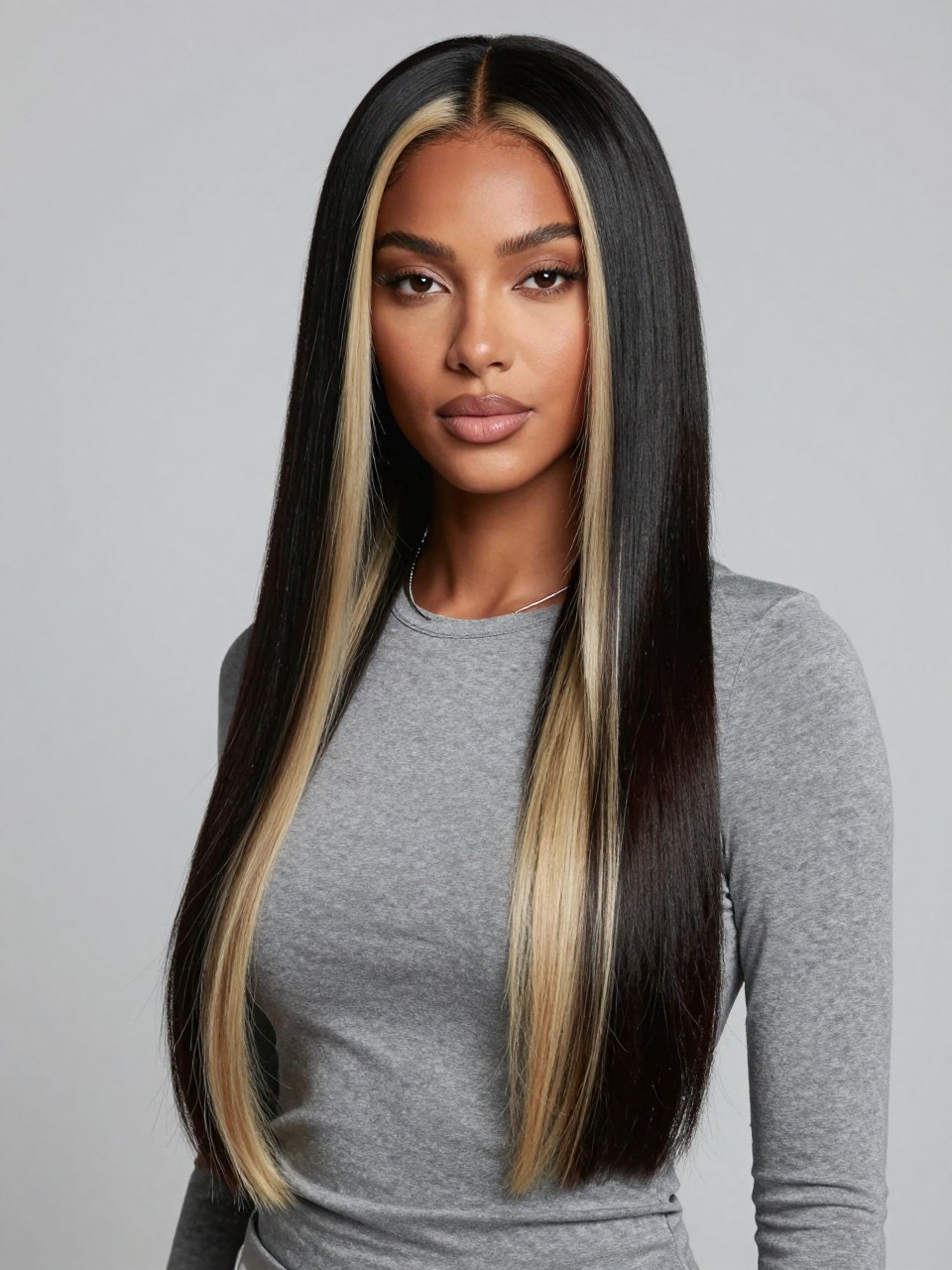 Image Prompt: A stylish woman with long black hair and ash blonde chunky streak blocks, thick cool blonde panels placed through the front and side layers, sleek straight hair with shine, medium-deep brown skin, soft matte makeup, nude lips, silver jewelry, fitted gray top, clean studio background, cool-toned lighting, realistic fashion beauty portrait, sharp streak placement, no text, (no watermarks on images)