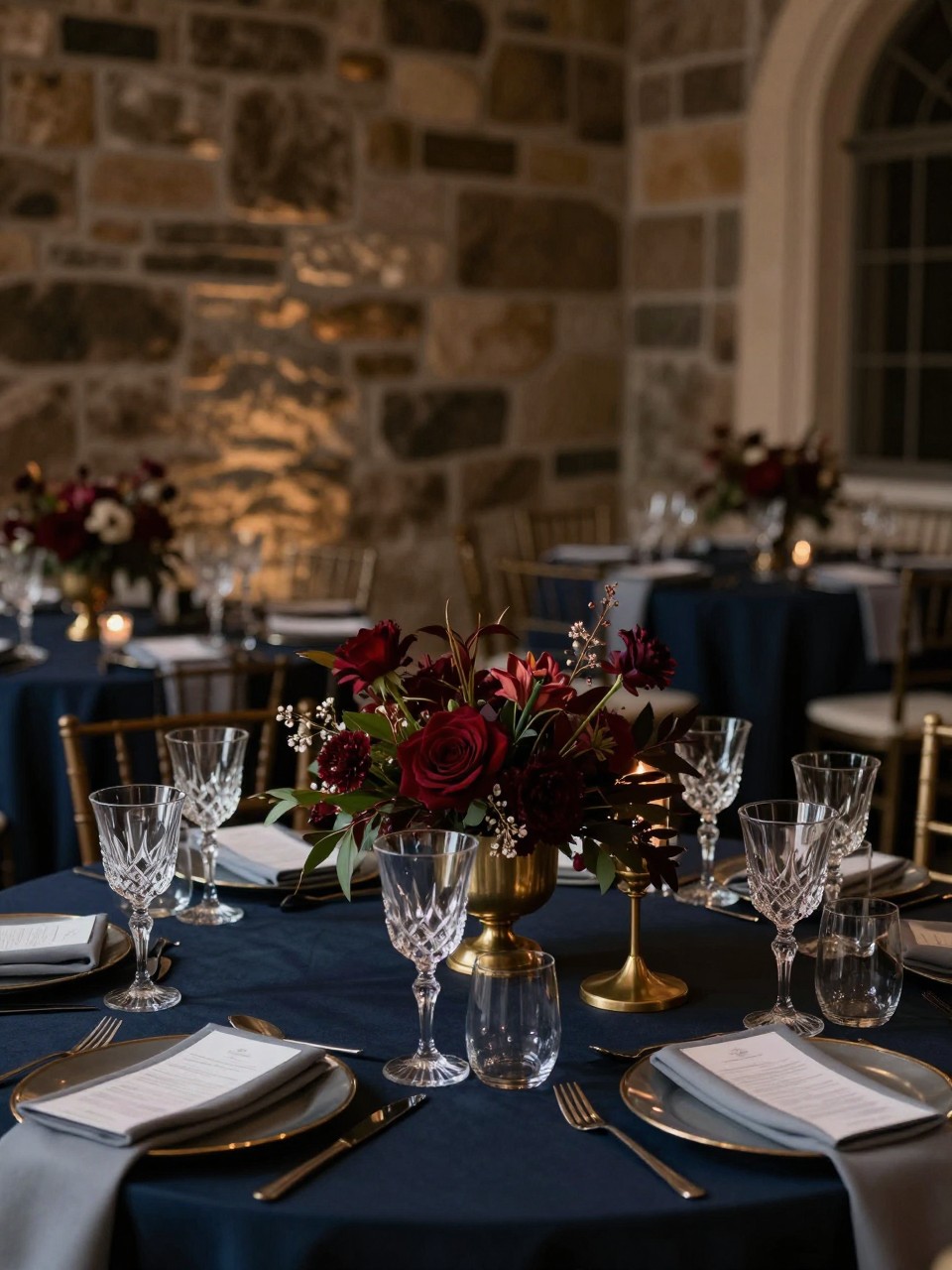 Realistic DSLR photo of an evening fall wedding reception with midnight navy table linens, merlot floral centerpieces, burnished brass candle stands, fog gray napkins, low dramatic lighting, crystal glasses, stone wall background, intimate dinner party wedding mood.