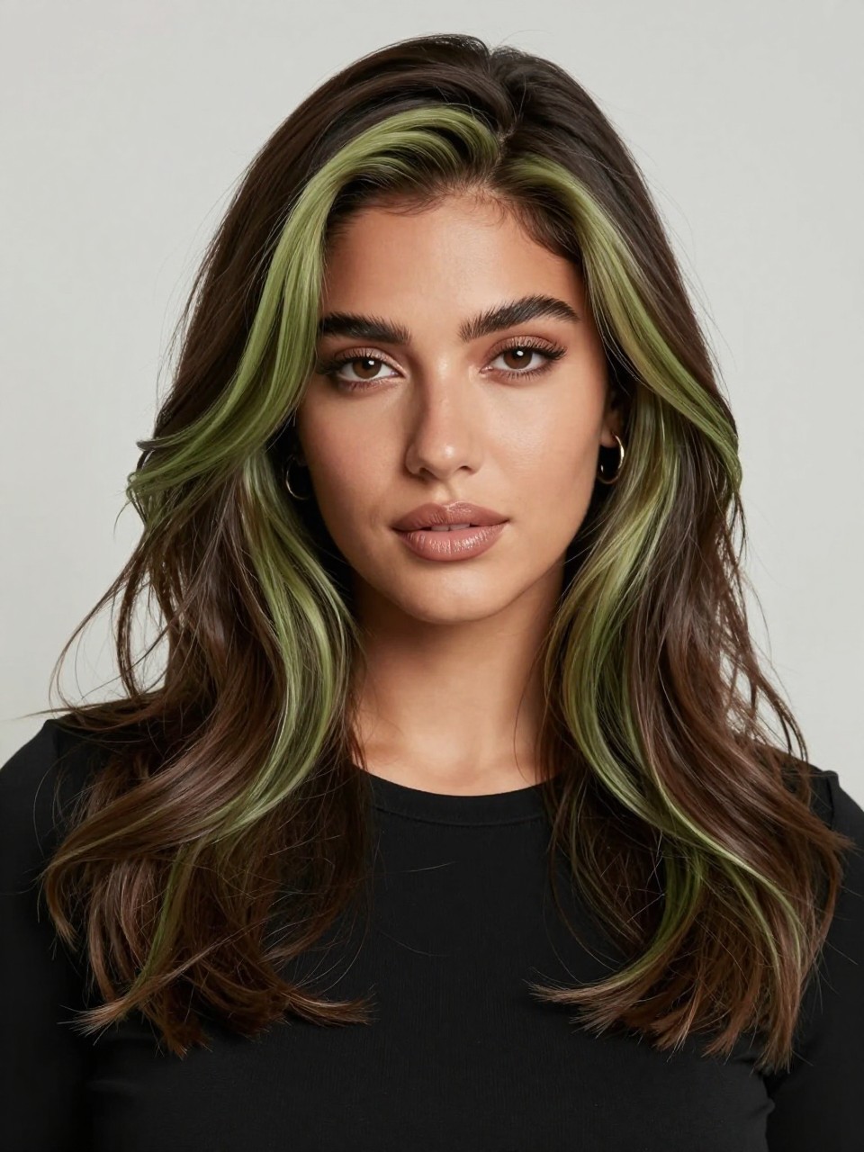 Image Prompt: A stylish woman with dark brunette wavy hair and matcha chocolate money piece highlights, rich dark base with muted matcha brown-green front sections framing the face, loose waves with shine, medium skin tone, glossy nude lips, soft neutral makeup, small gold hoop earrings, fitted black top, clean neutral studio background, close-up beauty portrait, realistic DSLR photo, clear face-framing matcha chocolate color detail, no text, (no watermarks on images)
