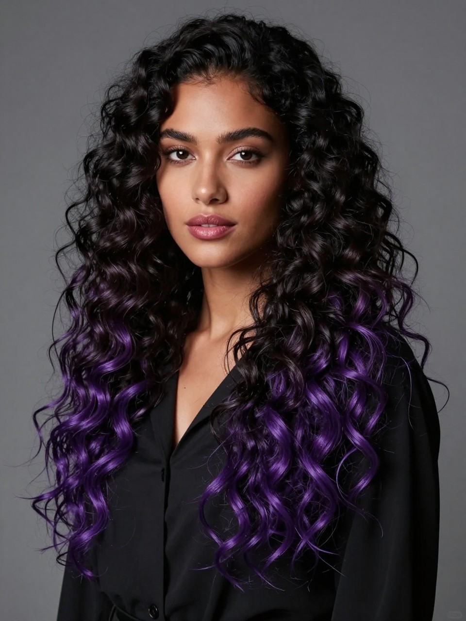 Image Prompt: A stunning woman with long layered curly hair, black top layer with rich purple peekaboo underlayer, springy well-defined curls with shine, deep purple hidden sections visible through the mid-lengths and ends, deep brown skin, berry makeup, glossy lips, black blouse, moody studio setting, soft directional lighting, realistic DSLR beauty editorial portrait, detailed curl pattern and purple color contrast, no text, (no watermarks on images)