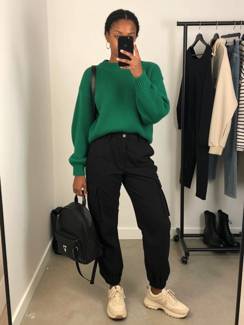 mirror selfie of a Black woman wearing the exact outfit described above, clearly showing a forest green knit pullover, black relaxed cargo pants, cream chunky sneakers, black mini backpack, and gold hoop earrings, holding a phone in front of a mirror, cropped at NECK so the face does not show, with a relaxed casual selfie pose, in a fashion studio mirror corner, soft indoor lighting, including a clothing rack with garments behind and a tote bag resting on the floor, latest iPhone photo quality.