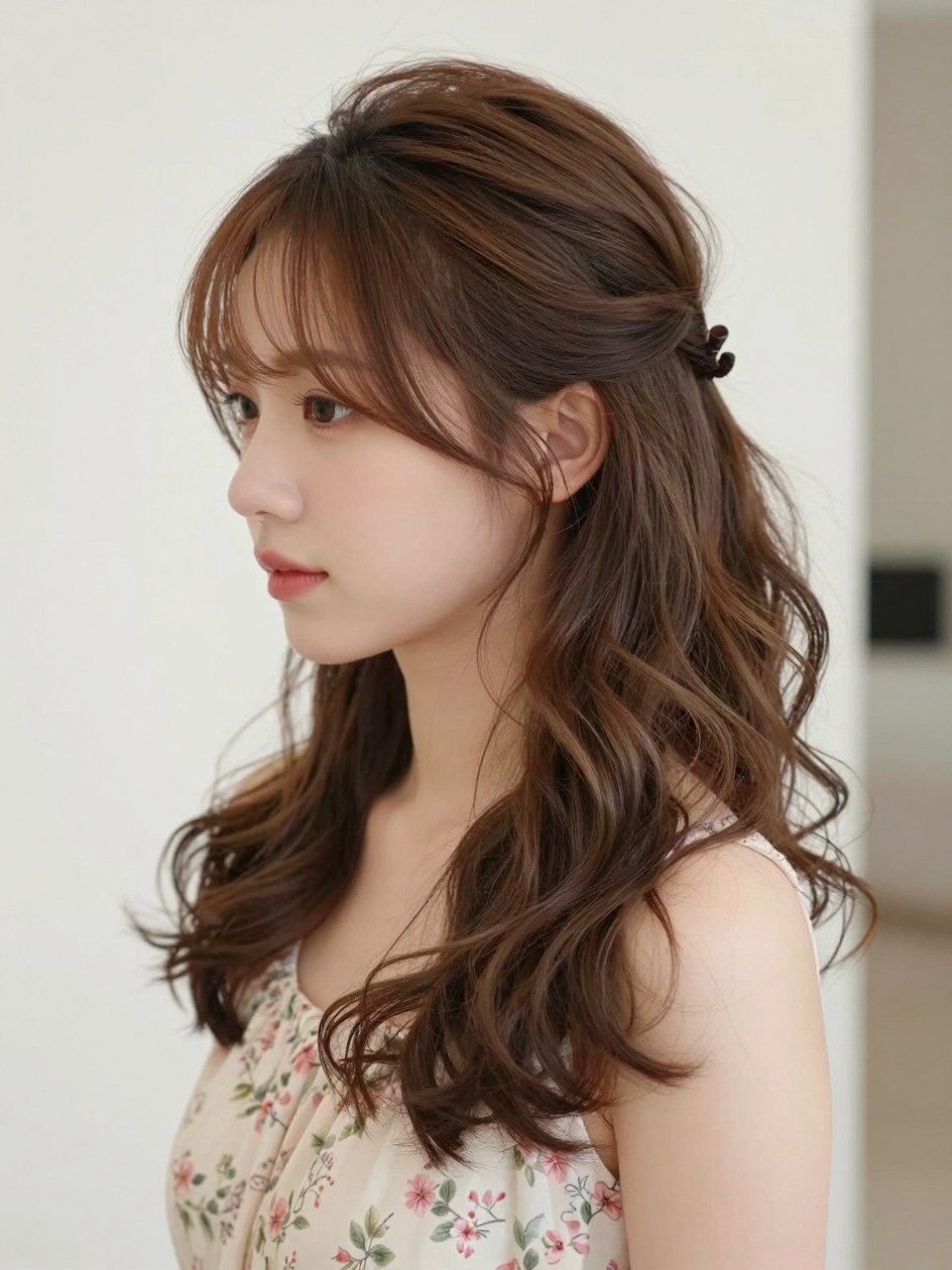 Image Prompt: A photorealistic hairstyle portrait showing medium-length hair styled half-up with a soft side part, loose curled ends, small pinned section at the back, soft brown balayage, delicate hair pin, natural makeup, light floral dress, bright indoor setting, romantic editorial photography, no text, no watermark, no watermarks on images.
