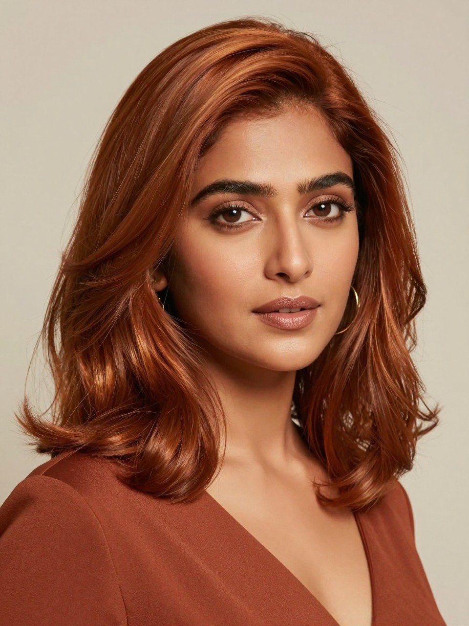 Image Prompt: A gorgeous Indian woman with shoulder-length warm copper hair, soft copper-brown shade with golden red tones, smooth blowout waves, warm olive skin tone, bronzed makeup, glossy lips, gold earrings, rust-colored top, warm studio lighting, clean neutral background, realistic beauty editorial portrait, detailed copper shine and smooth hair texture, no text, (no watermarks on images)