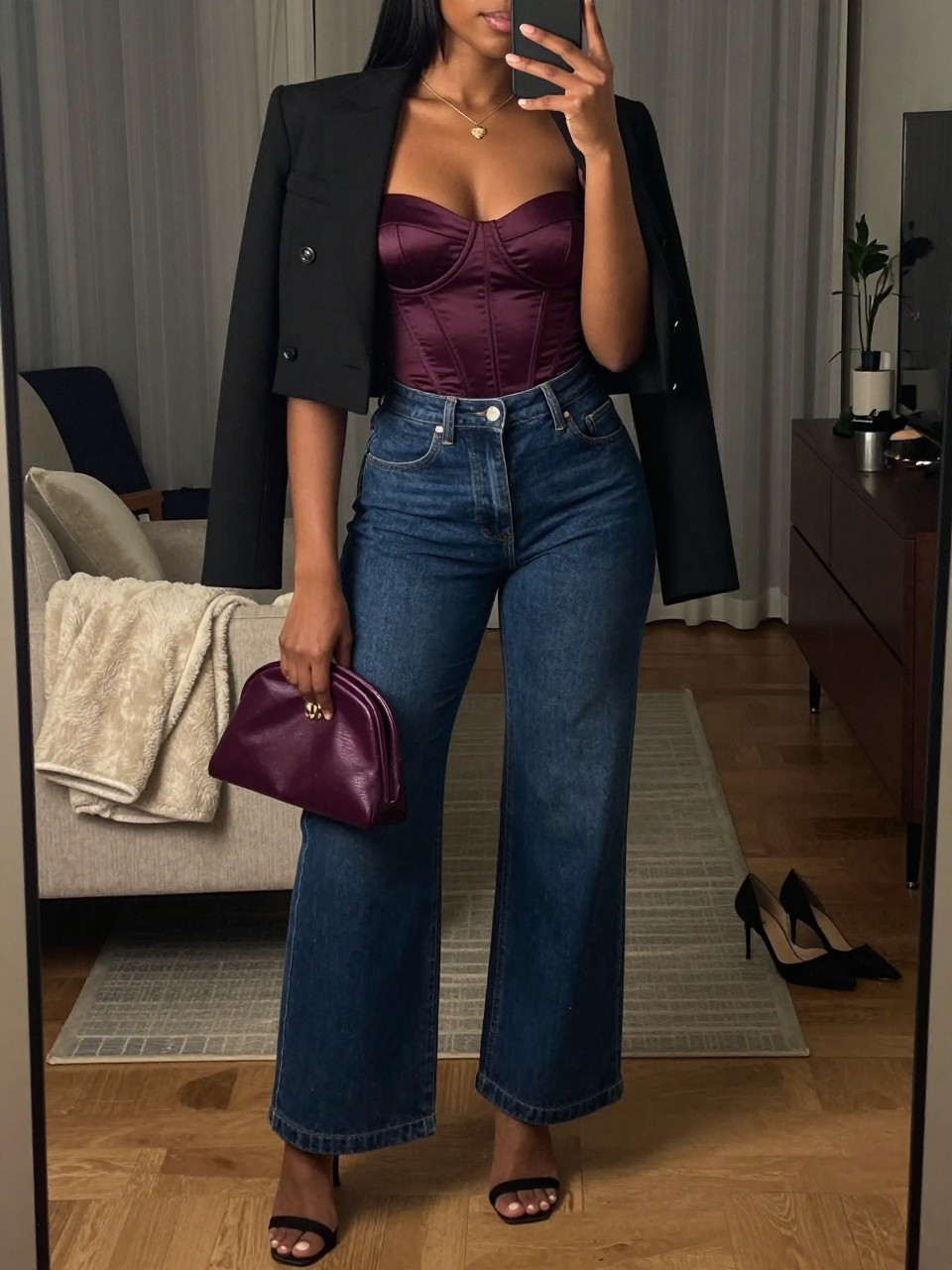 mirror selfie of a Black woman wearing the exact outfit described above, clearly showing a plum satin corset top, dark blue high-waisted wide-leg jeans, black cropped blazer, black heeled sandals, and plum mini clutch, holding a phone in front of a mirror, cropped at NECK so the face does not show, with a relaxed birthday selfie pose, in a stylish city apartment, warm moody lighting, including a folded blanket on a chair and a pair of heels on the floor nearby, latest iPhone photo quality.