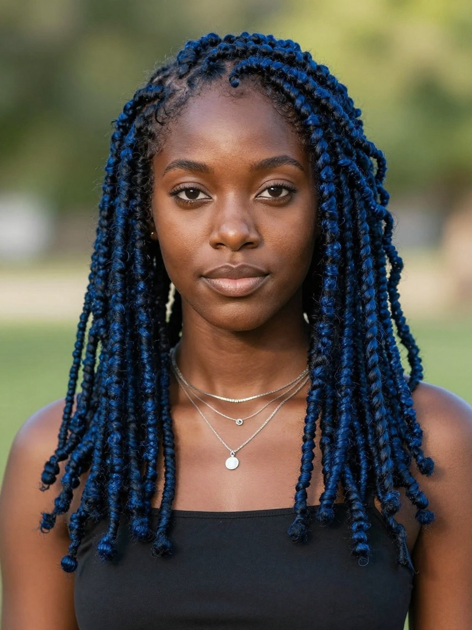 Image Prompt: A stunning black woman with shoulder-length black blue locs, neatly maintained loc texture, rich black-blue color with navy shine, a few locs framing the face, deep brown skin, natural glowing makeup, layered silver necklaces, black dress, outdoor natural setting with softly blurred greenery, warm sunlight, realistic lifestyle editorial portrait, detailed loc texture and dark blue-black color, no text, (no watermarks on images)