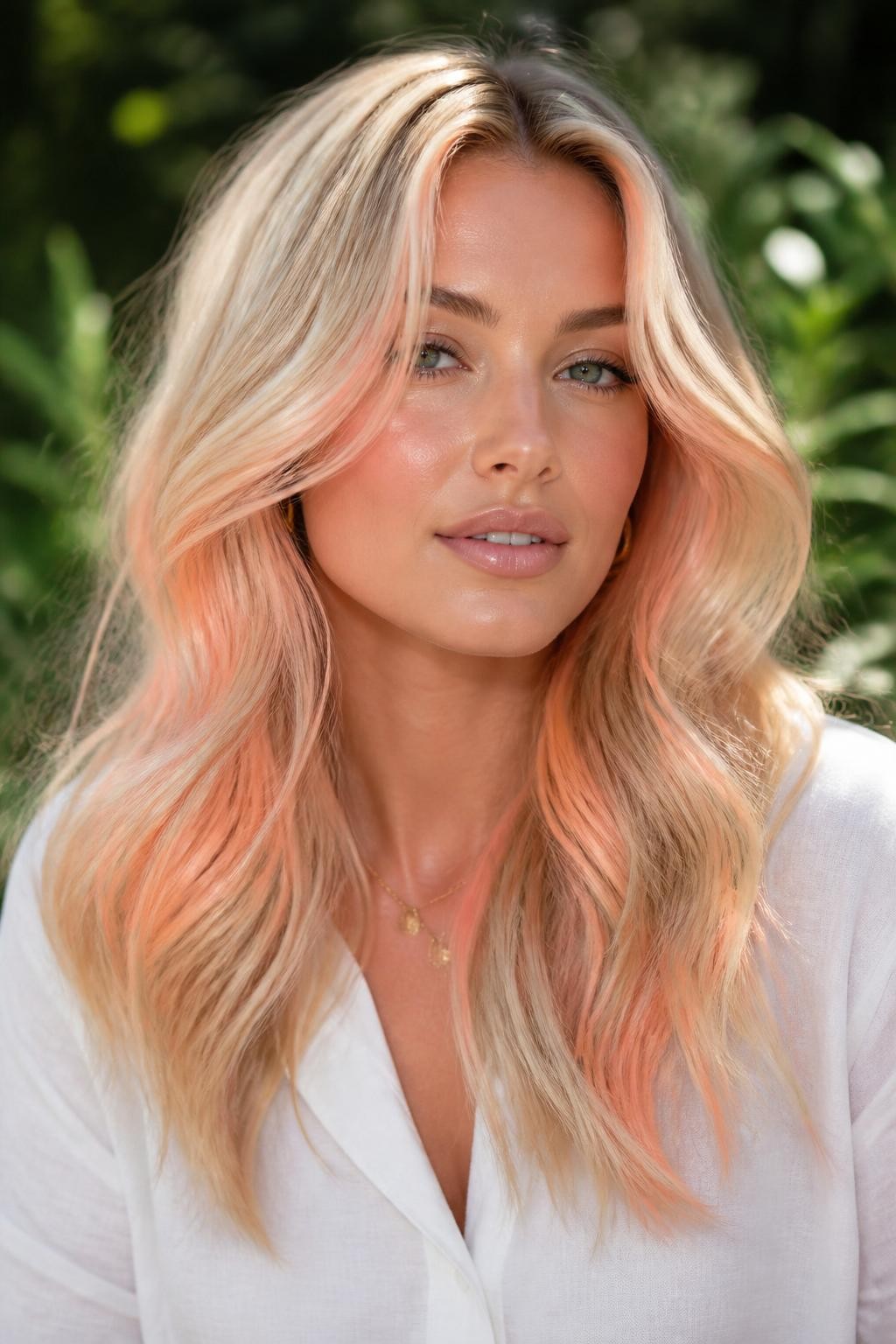 Image Prompt: A gorgeous woman with blonde hair and peach blonde highlights, creamy blonde base with soft peach pieces placed around the face and through the lower layers, loose beachy waves, glowy makeup, glossy nude lips, small gold jewelry, white linen blouse, bright outdoor daylight, softly blurred greenery in the background, realistic DSLR beauty editorial portrait, detailed peach highlight contrast, no text, (no watermarks on images)