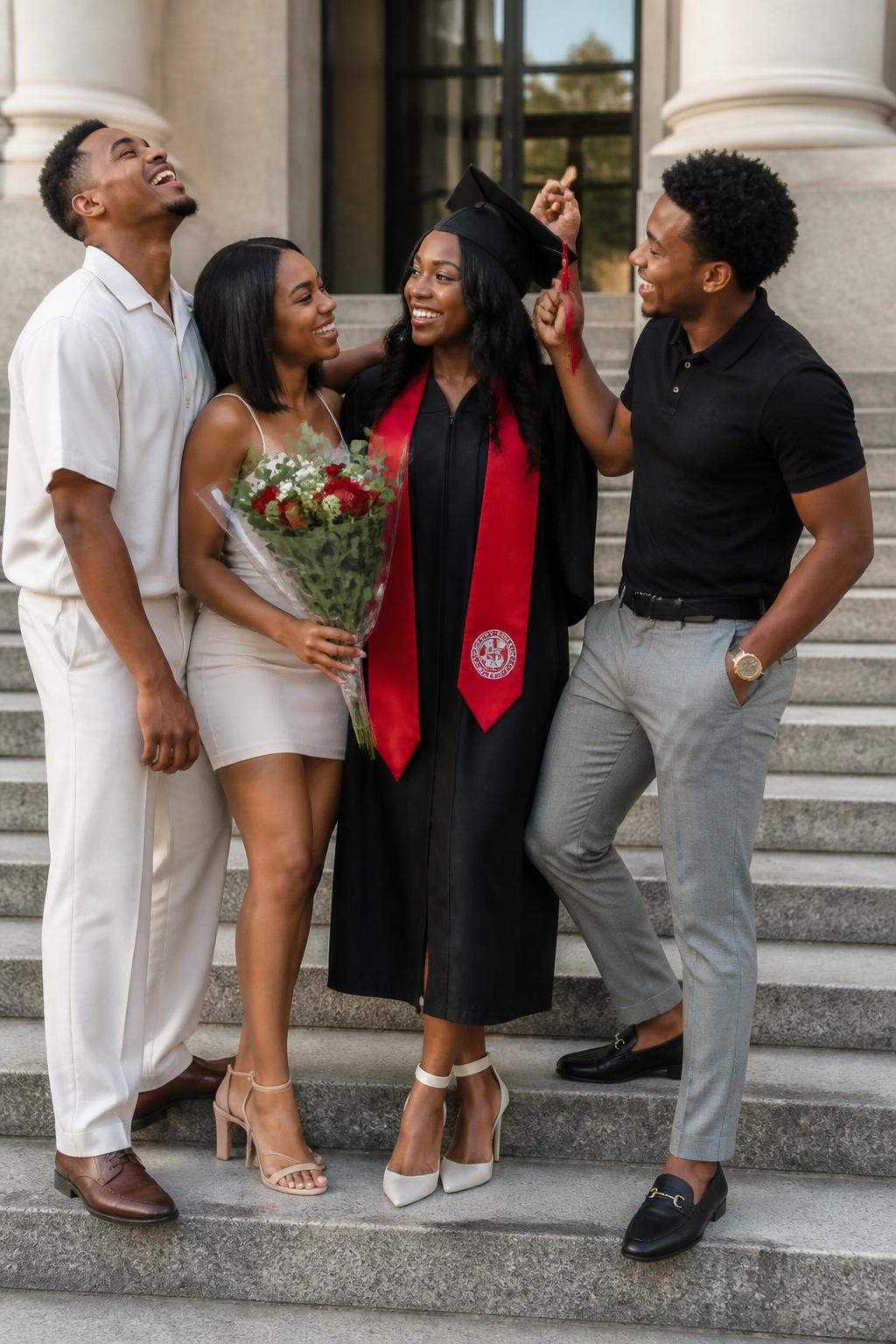 Image prompt: A playful DSLR graduation photo of a Black woman graduate with deep brown skin standing in the middle of her siblings on a campus staircase, wearing a black gown, red stole, cap, and white heels, siblings leaning into her from both sides with their arms around her shoulders, one sibling holding flowers, one holding the graduate’s cap, one laughing with their head tilted back, stone steps, campus columns, soft sunlight, realistic gown movement, natural skin texture, joyful sibling bond, stylish family graduation photo.