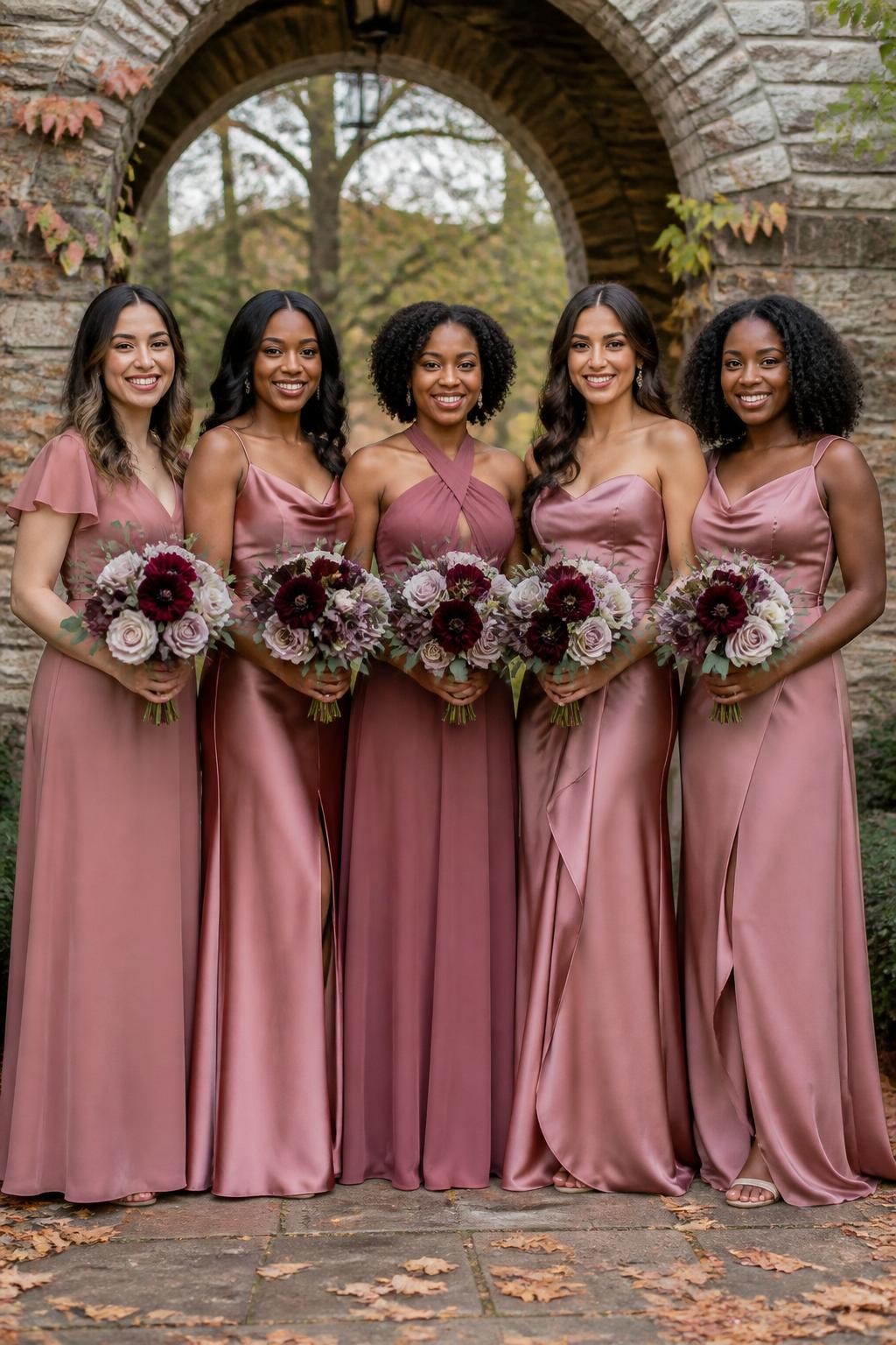 Realistic DSLR photo of five bridesmaids wearing dusty rose satin and chiffon dresses in mixed necklines, full outfits visible, beautiful smiling faces, diverse bridal party with Black women and women with neutral skin tones, holding bouquets with plum dahlias, lavender roses, cream flowers, and dark greenery, old stone venue, soft fall daylight.