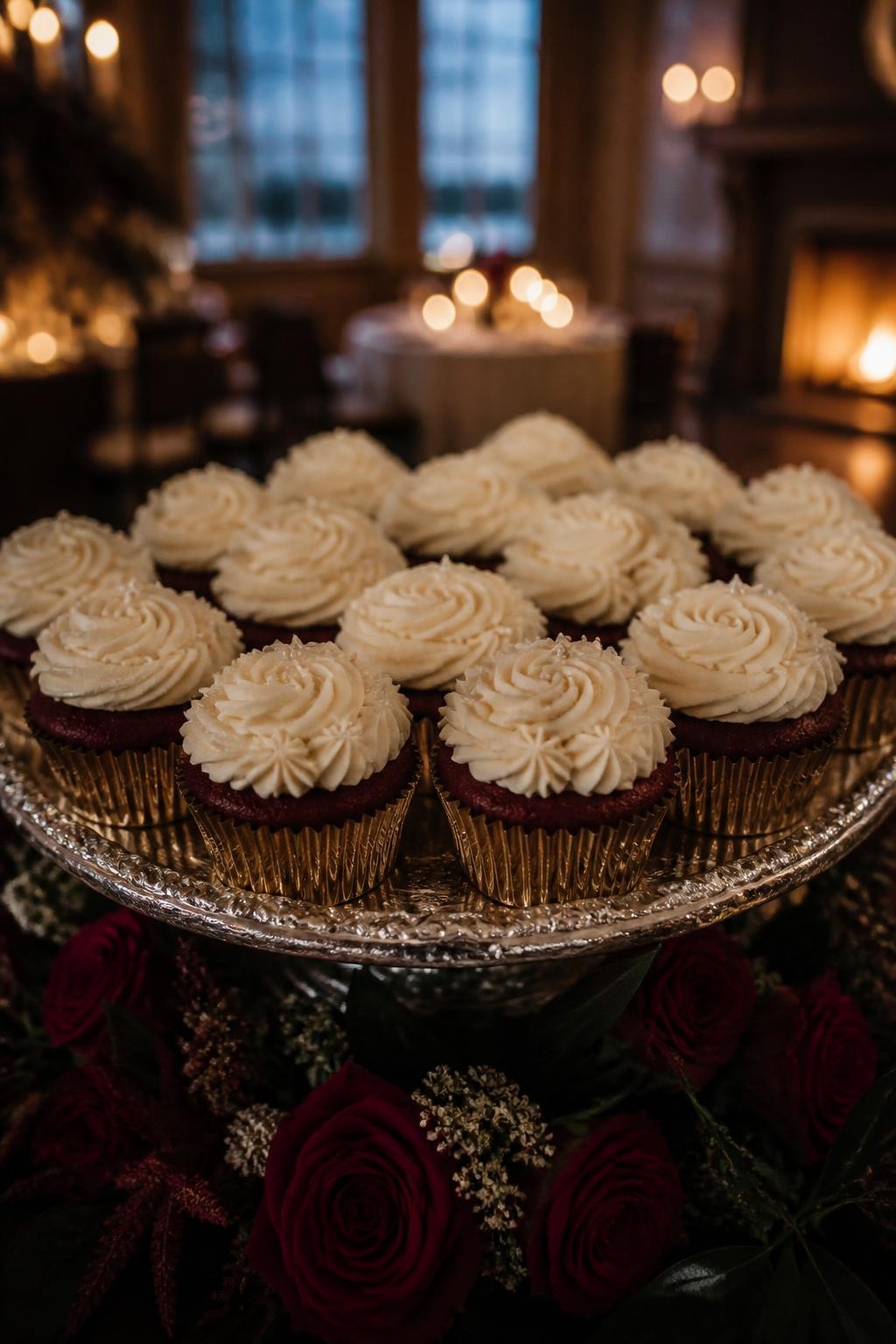 Realistic DSLR photo of burgundy red velvet fall wedding cupcakes with cream floral buttercream piping, tiny pearl sprinkles, gold foil liners, antique silver dessert tray, burgundy roses around the base, candlelit manor reception mood.