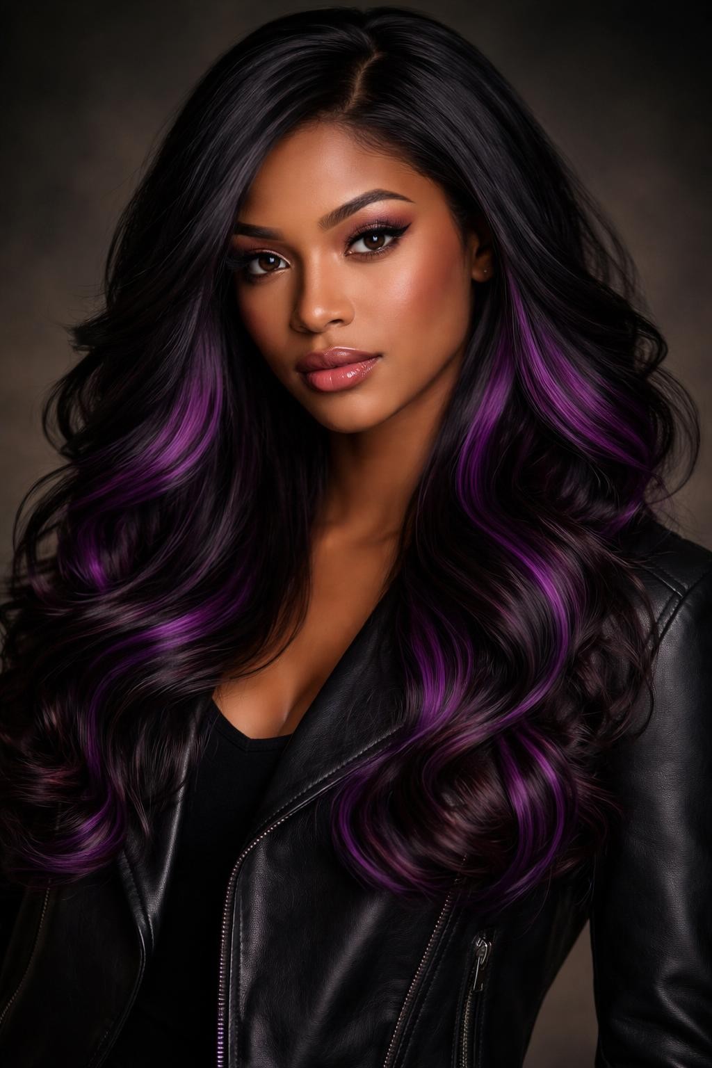 Image Prompt: A stylish woman with long black hair and purple peekaboo color blocks underneath, glossy dark top layer, rich purple sections visible through curled ends and lifted side pieces, warm brown skin, soft berry makeup, glossy lips, black leather jacket, moody studio background, soft directional lighting, realistic editorial portrait, detailed hidden color contrast, no text, (no watermarks on images)