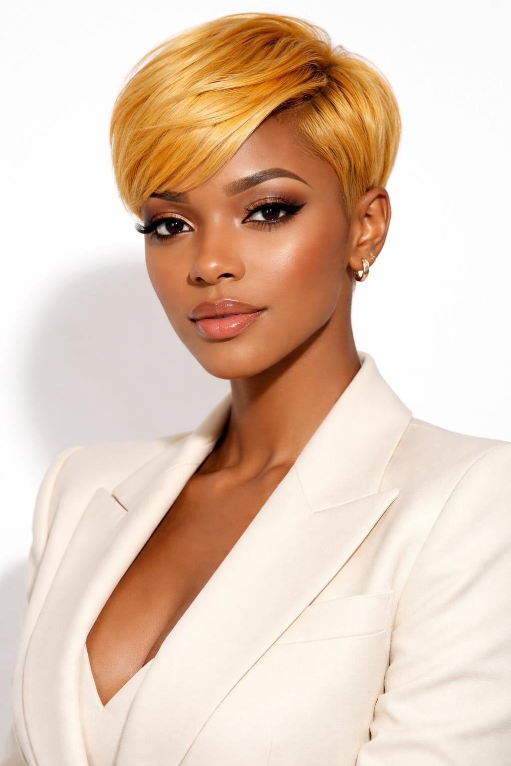 Image Prompt: A chic woman with a short yellow pixie cut, neatly shaped sides, soft swoop at the front, warm golden yellow hair color with smooth shine, defined lashes, glossy nude lip, small gold earrings, tailored cream blazer, clean studio background, sharp beauty editorial photography, realistic DSLR image, no text, (no watermarks on images)