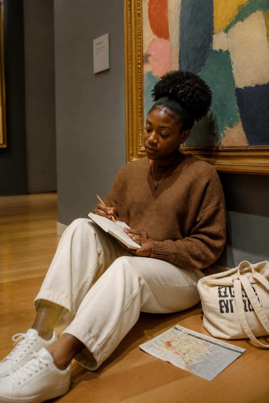 Image prompt: A creative DSLR museum photo of an adult Black woman with deep brown skin sitting on a clean gallery floor near a large painting, wearing a soft brown sweater, cream trousers, and white sneakers, knees bent to one side, holding a small sketchbook on her lap while lightly drawing with a pencil, tote bag and museum map beside her, artwork visible behind but not copied in detail, soft gallery lighting, realistic paper texture, pencil marks, natural skin detail, quiet artistic travel mood, modern museum lifestyle photography with a human touch.