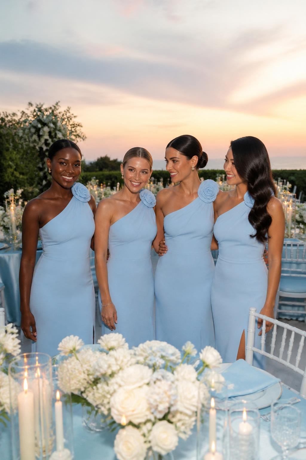 Realistic DSLR photo of bridesmaids in ice baby blue one-shoulder dresses with large rosette shoulder details, bright joyful faces, diverse skin tones, glowing skin, sleek buns and side-part waves, standing at an outdoor reception space with pale blue table settings, white flowers, candles, and a sunset sky, romantic wedding fashion photography, crisp DSLR detail.