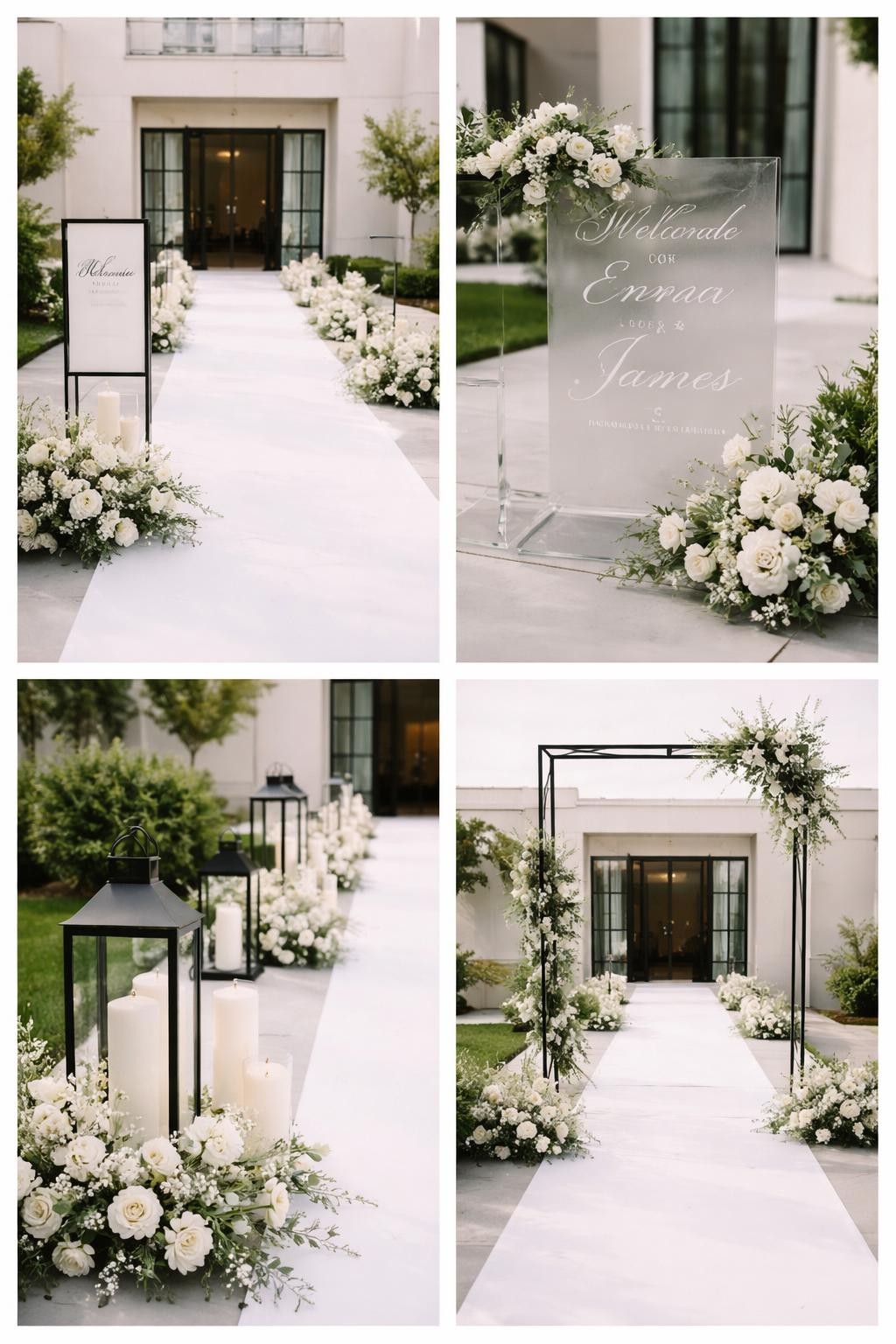 A professional 4-grid wedding decor collage showing a modern minimalist wedding entrance walkway, top-left image featuring a clean white walkway with simple black frame signage and low white floral arrangements, top-right image showing close-up sleek acrylic welcome sign with white flowers, bottom-left image showing modern black lanterns and white candles along the path, bottom-right image showing a simple geometric entrance frame with light greenery, modern wedding venue, crisp editorial photography, no faces, no watermarks on images.
