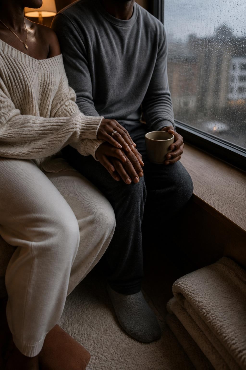 Image prompt: A realistic DSLR photo of an adult couple sitting close beside a large rain-covered apartment window, only their torsos, arms, and hands visible, no faces shown, featuring a Black woman with deep brown skin wearing an oversized cream sweater and soft lounge pants, her hand resting on top of her partner’s hand on a wooden windowsill, his other hand holding a warm mug, their heads cropped completely above the mouth line so no facial features are visible, raindrops on the glass, blurred city buildings outside, warm lamp glow inside, folded blanket on the floor, realistic skin texture, soft shadows, quiet romantic indoor mood, modern lifestyle photography with a human touch.