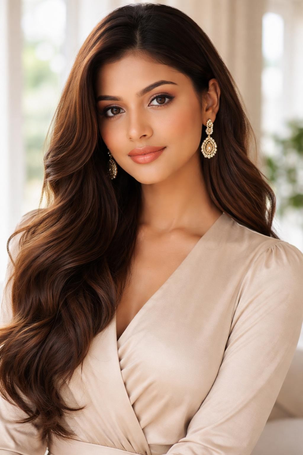 Image Prompt: A beautiful Indian woman with long chestnut brown hair, warm medium brown shade with soft golden undertones, smooth loose waves, warm wheatish skin tone, peach-toned makeup, glossy lips, gold earrings, beige blouse, bright indoor setting with natural window light, realistic DSLR editorial portrait, detailed warm brown shine, no text, (no watermarks on images)